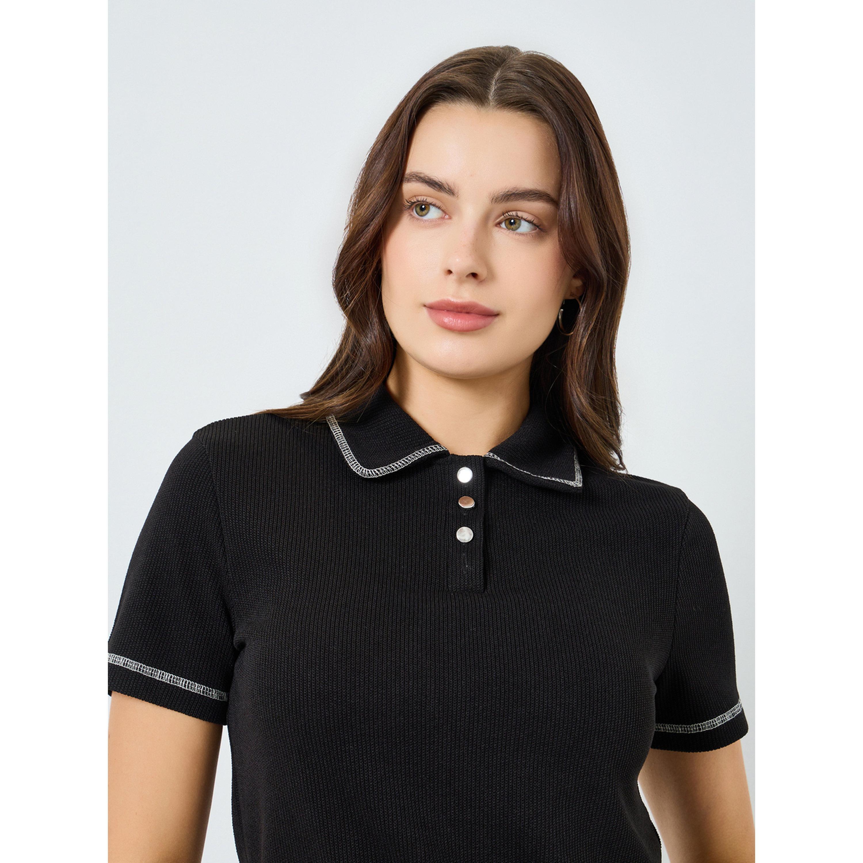 Styli Women Black Ribbed Knit Polo T-Shirt with Button Detail-women-clothing-tshirts-image-4