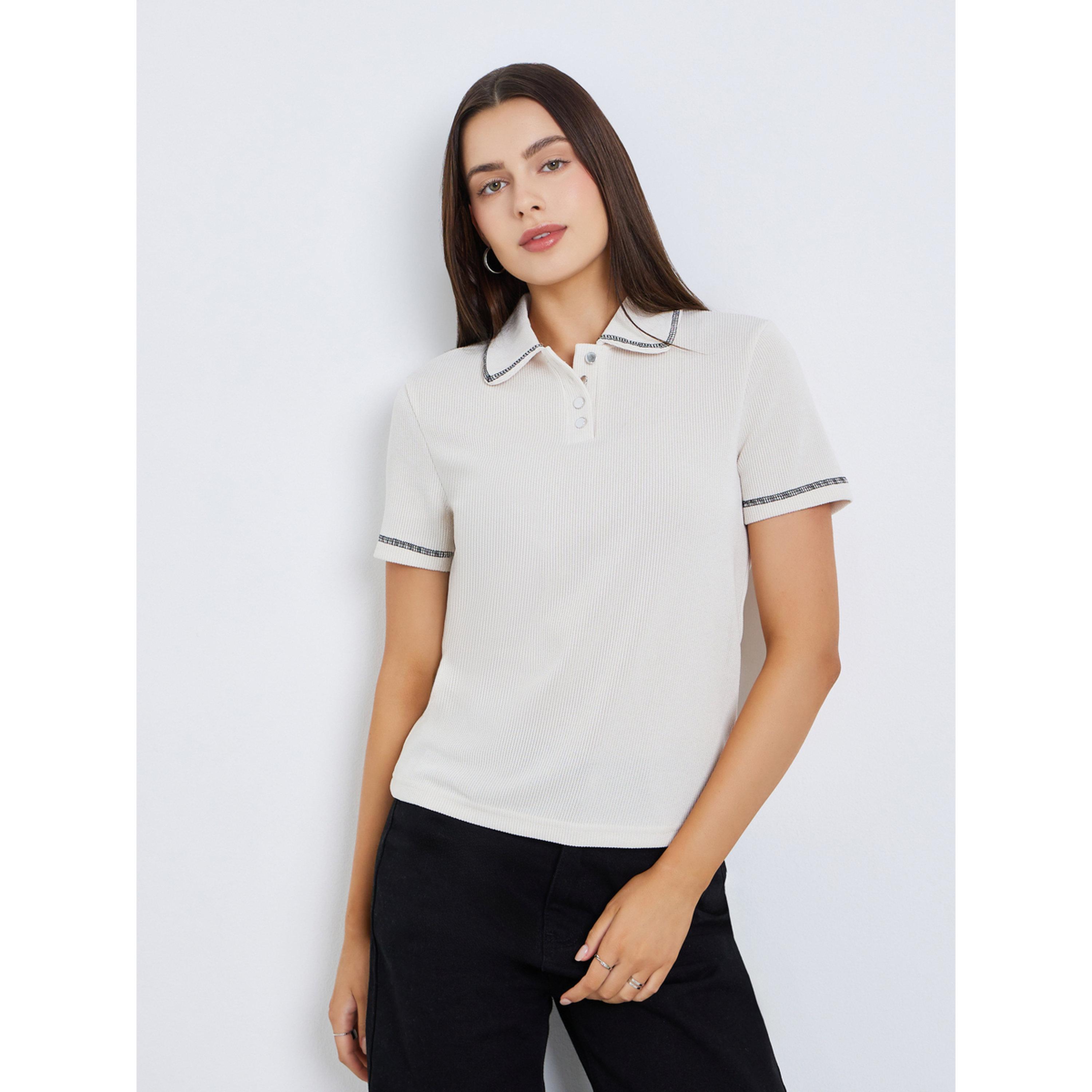 Styli Women Ribbed Knit Polo T-Shirt-women-clothing-tshirts-image-1