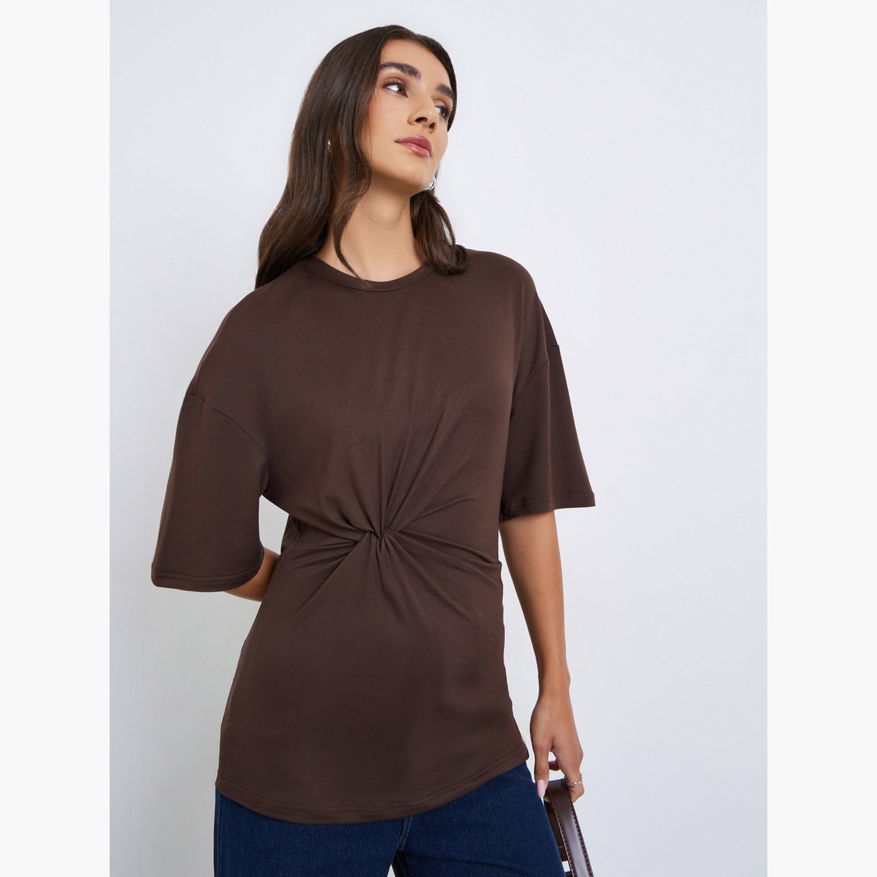 Styli Women Brown Twist Front Oversized T-Shirt-women-clothing-tshirts-image-1