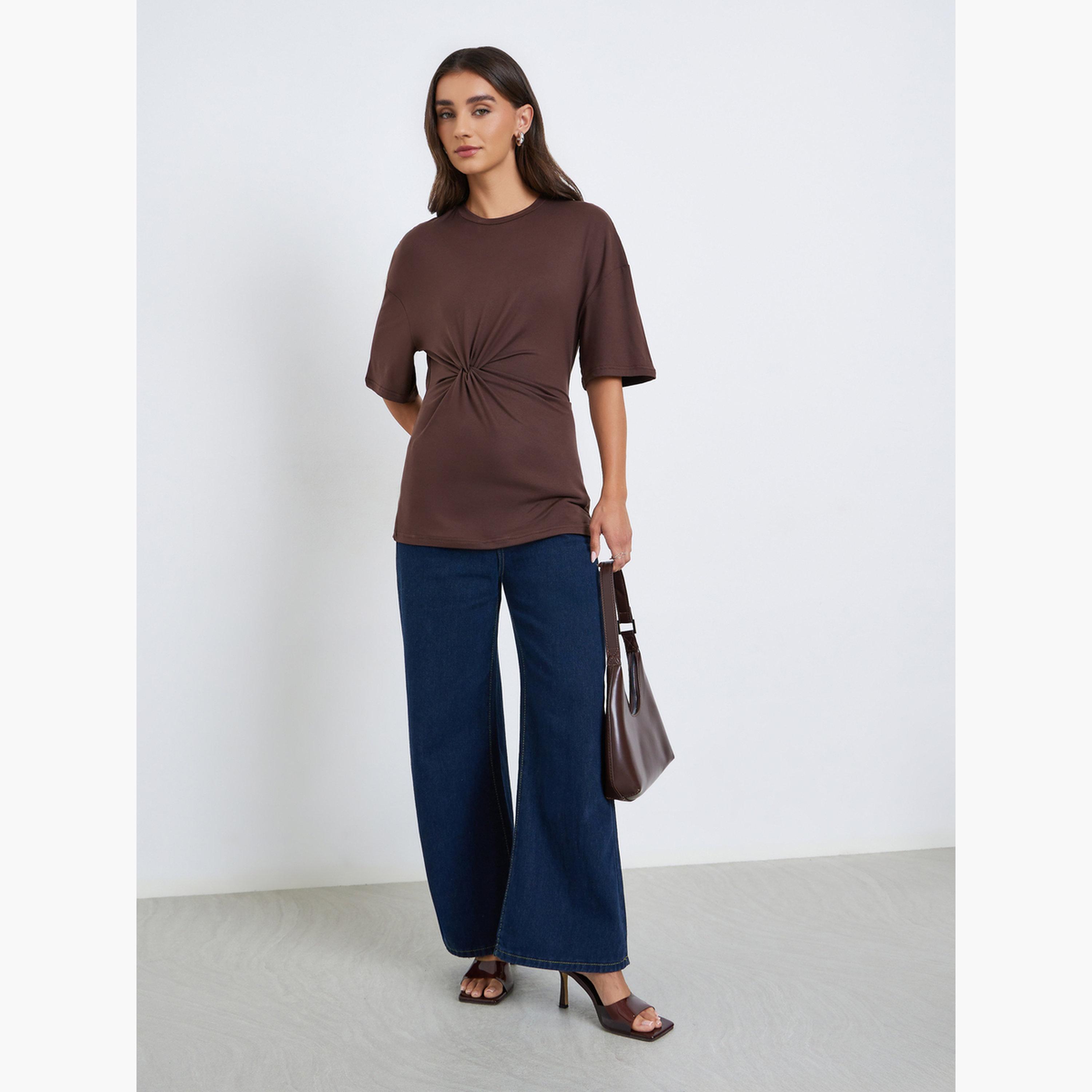 Styli Women Brown Twist Front Oversized T-Shirt-women-clothing-tshirts-image-2