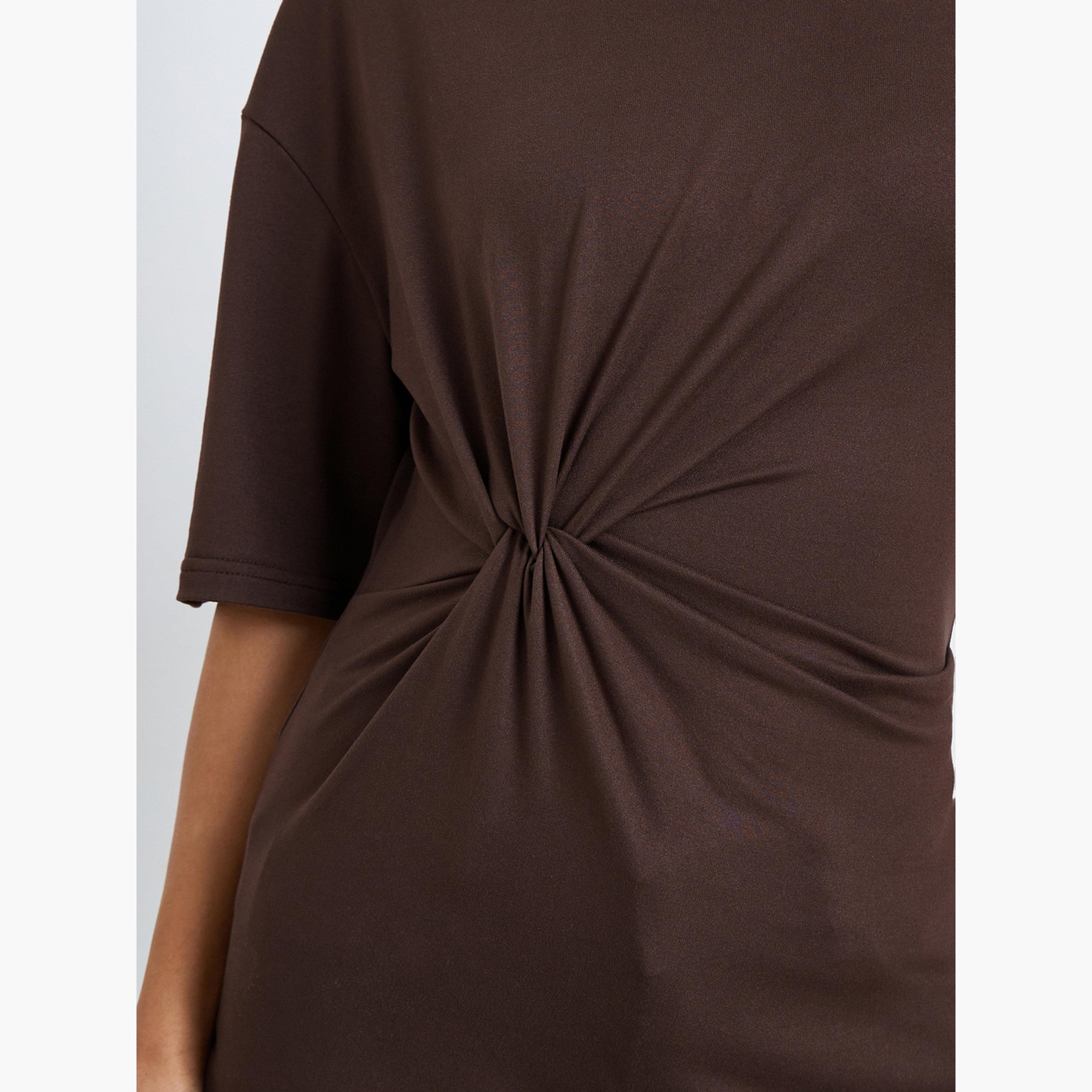 Styli Women Brown Twist Front Oversized T-Shirt-women-clothing-tshirts-image-3