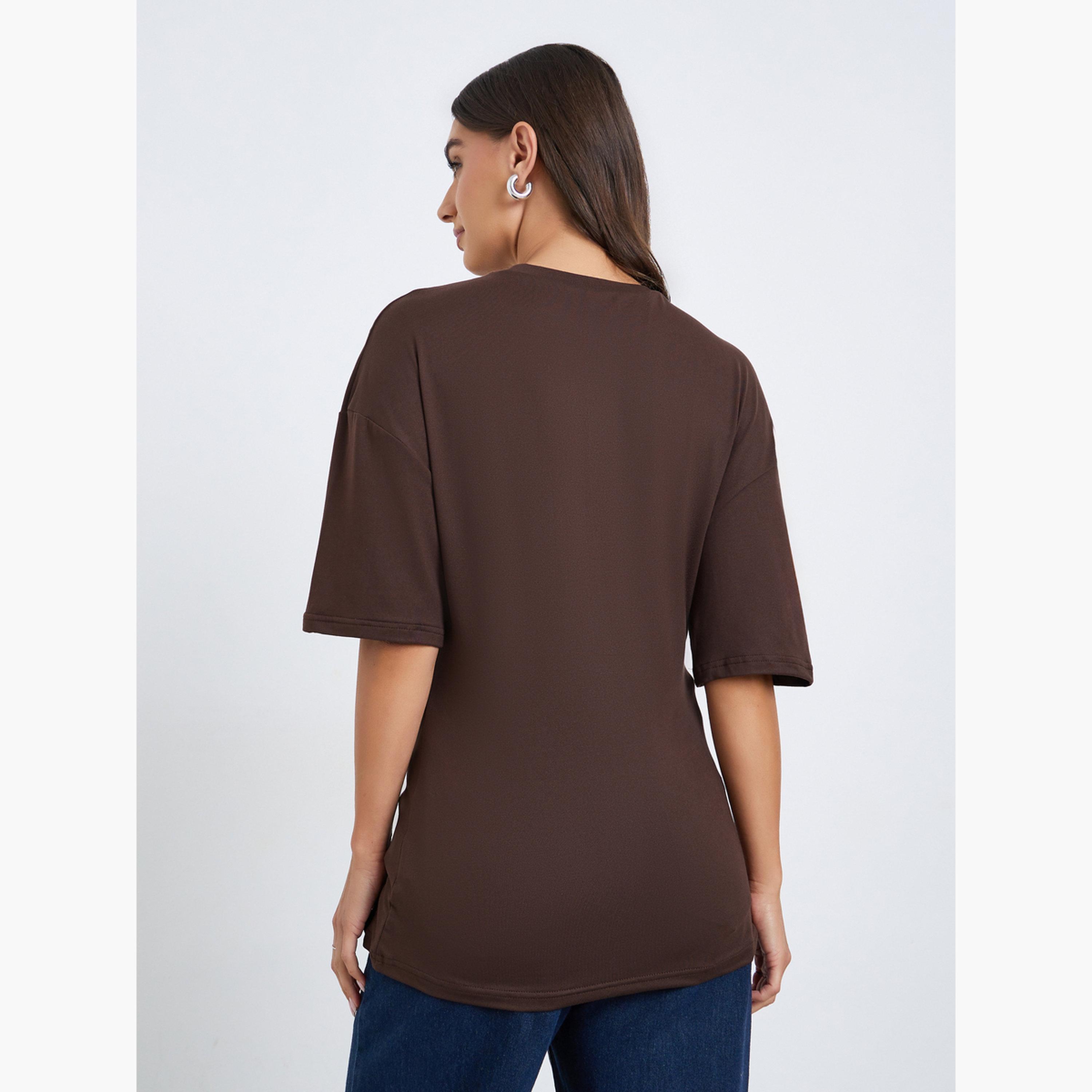 Styli Women Brown Twist Front Oversized T-Shirt-women-clothing-tshirts-image-4