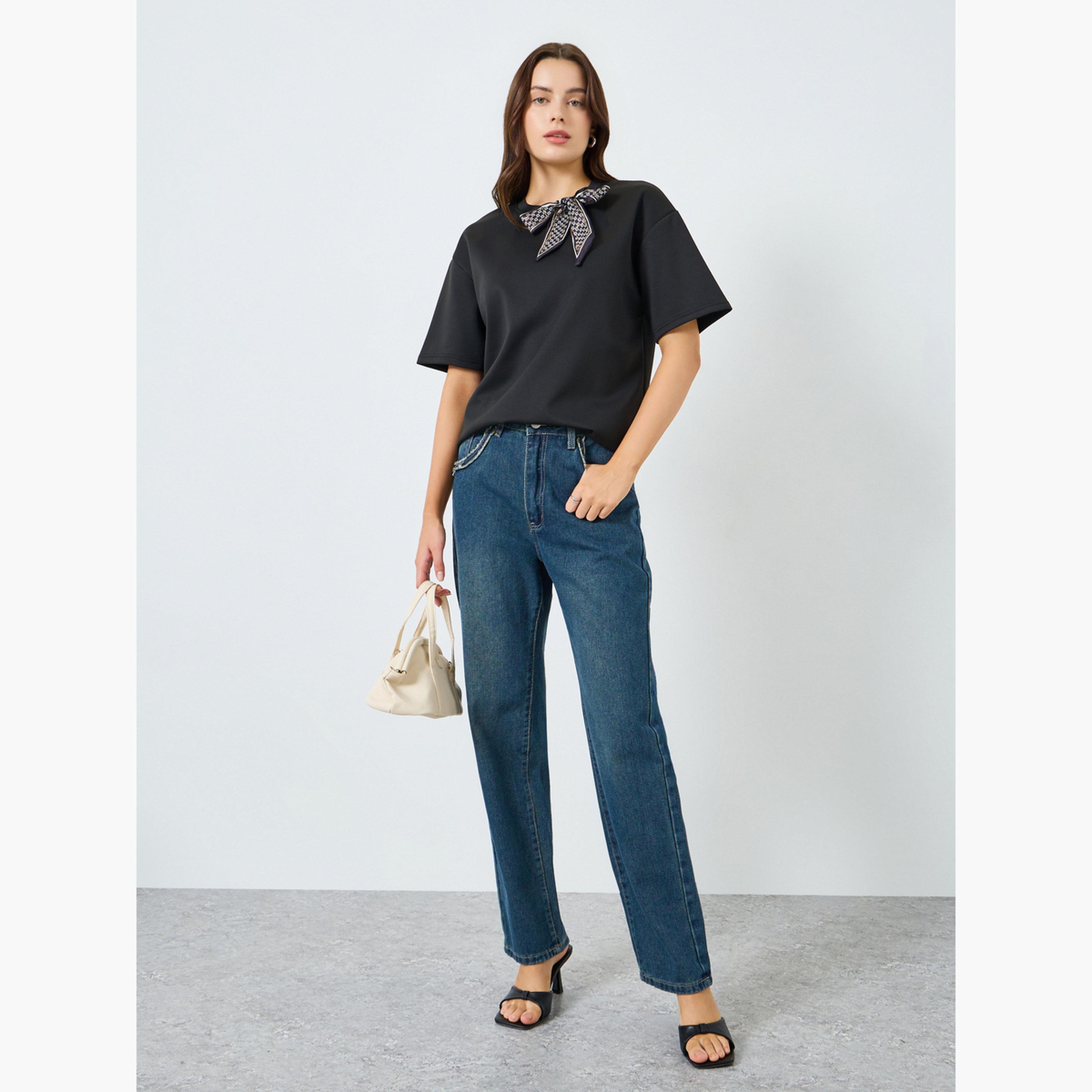 Styli Women Black Oversized T-Shirt with Neck Scarf-women-clothing-tshirts-image-2
