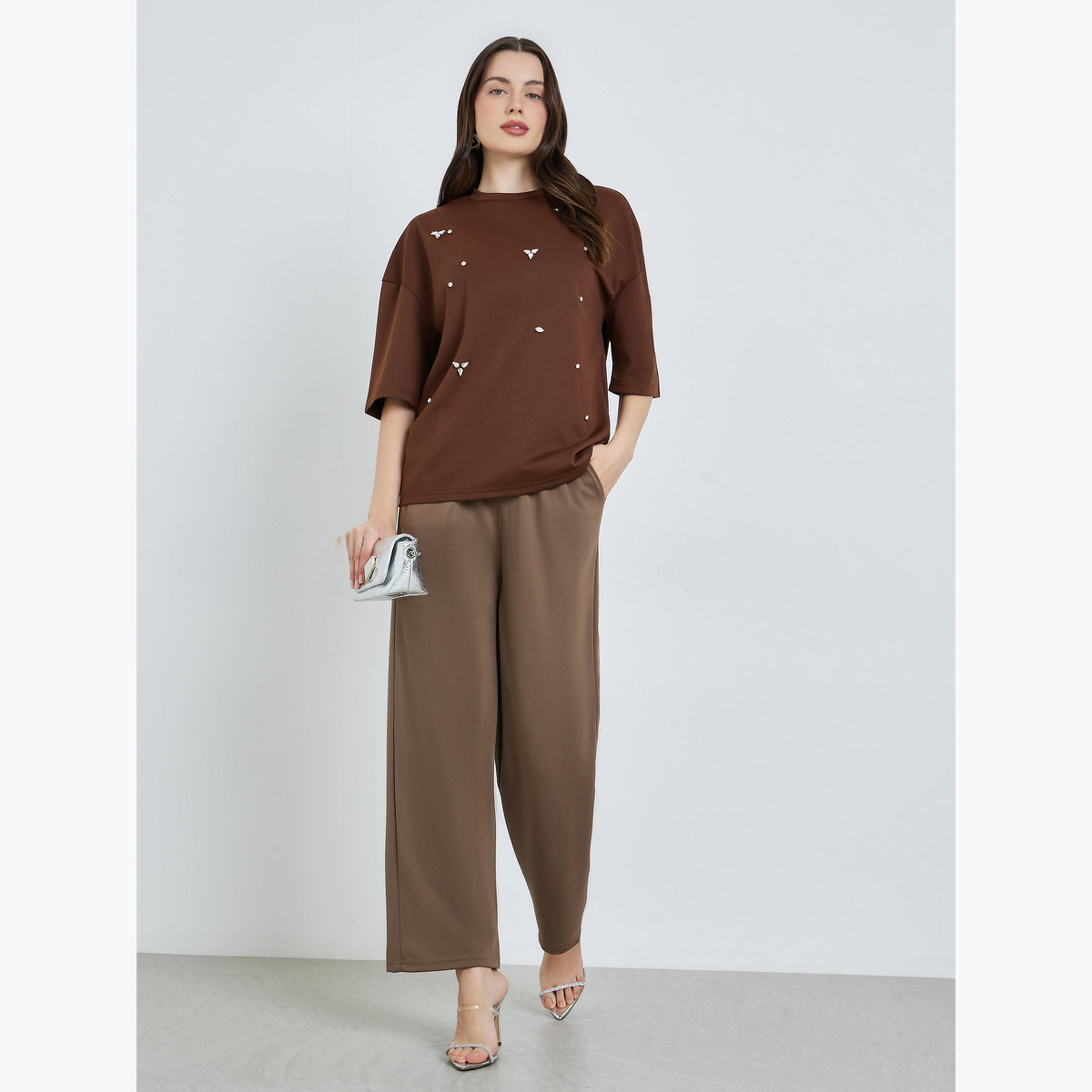 تيشيرت فضفاض مزين بأكمام قصيرة-women-clothing-tshirts-image-2
