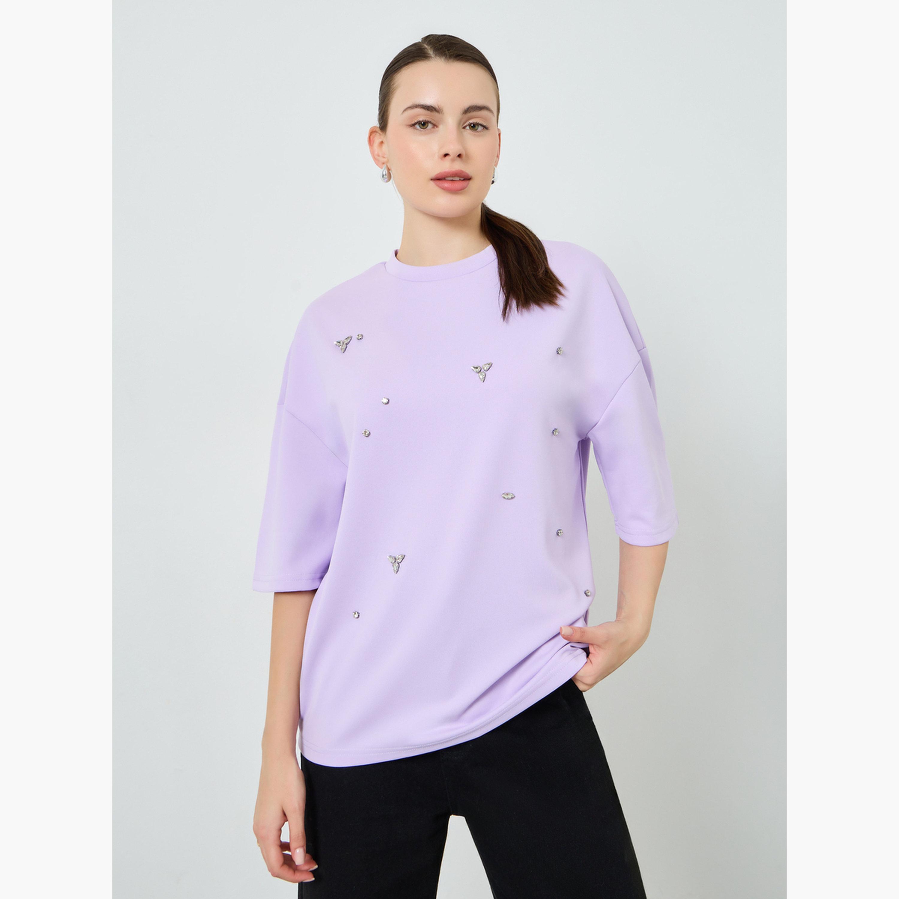 Styli Women Lilac Embellished Oversized T-Shirt-women-clothing-tshirts-image-1