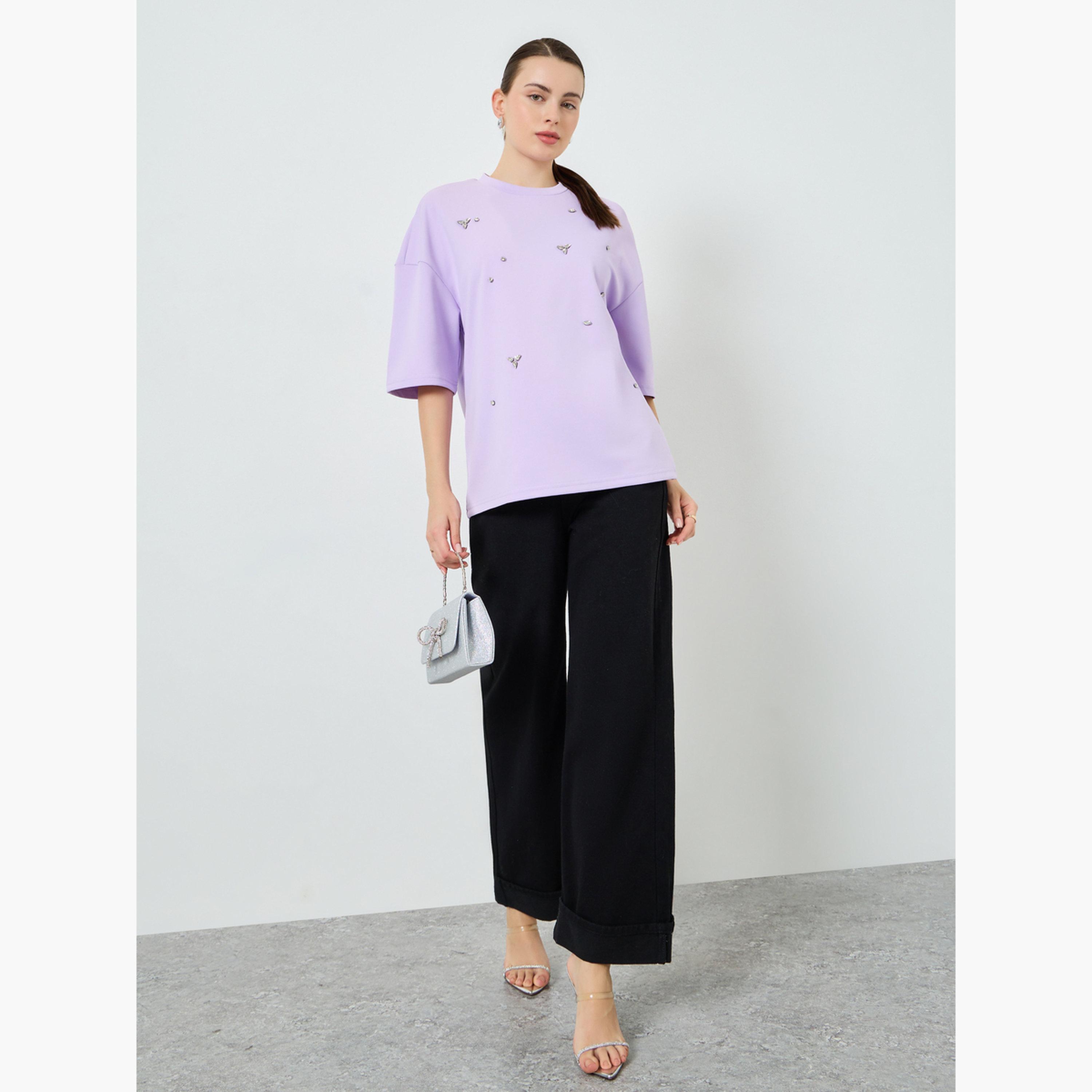 Styli Women Lilac Embellished Oversized T-Shirt-women-clothing-tshirts-image-2