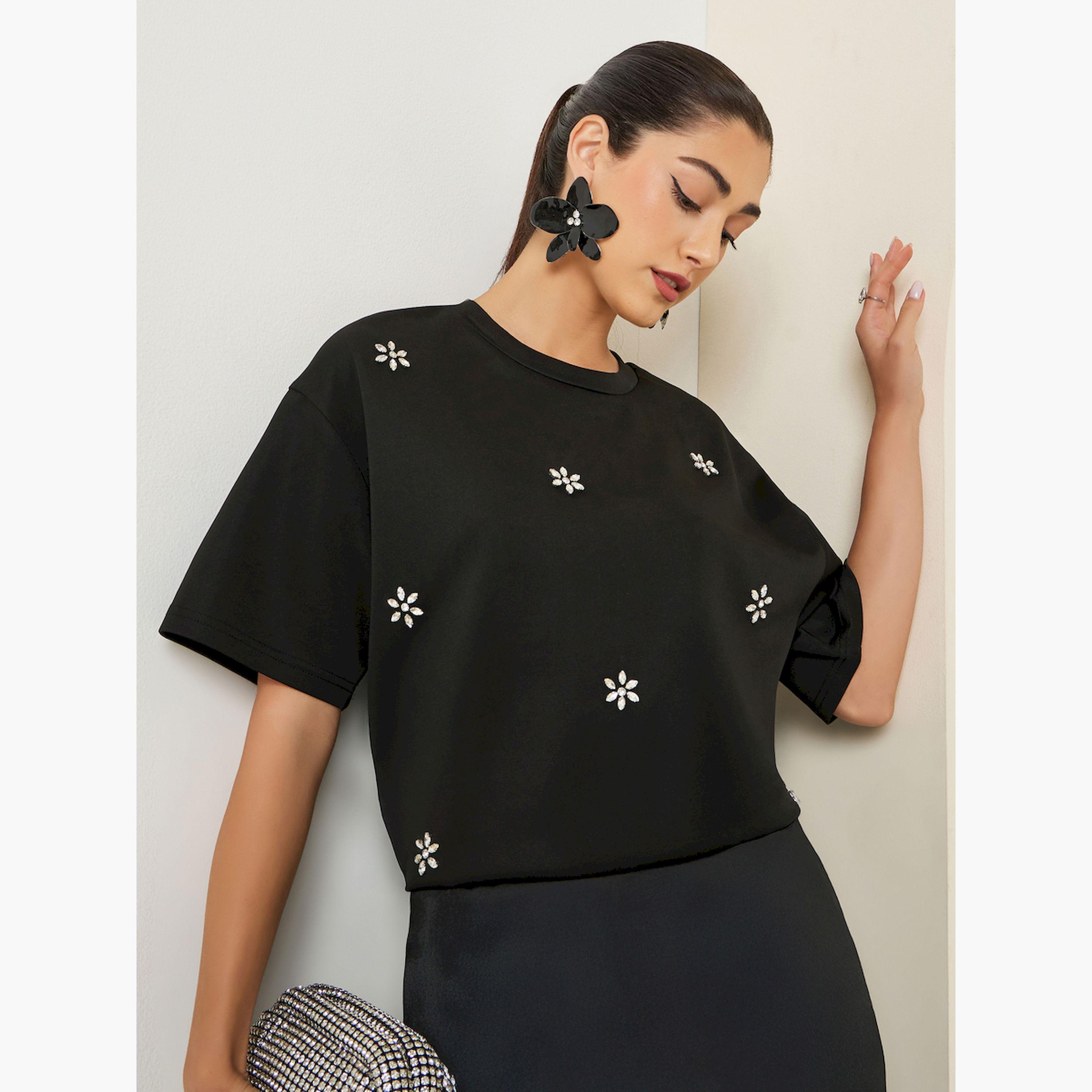 Styli Black Embellished Oversized T-Shirt-women-clothing-tshirts-image-3
