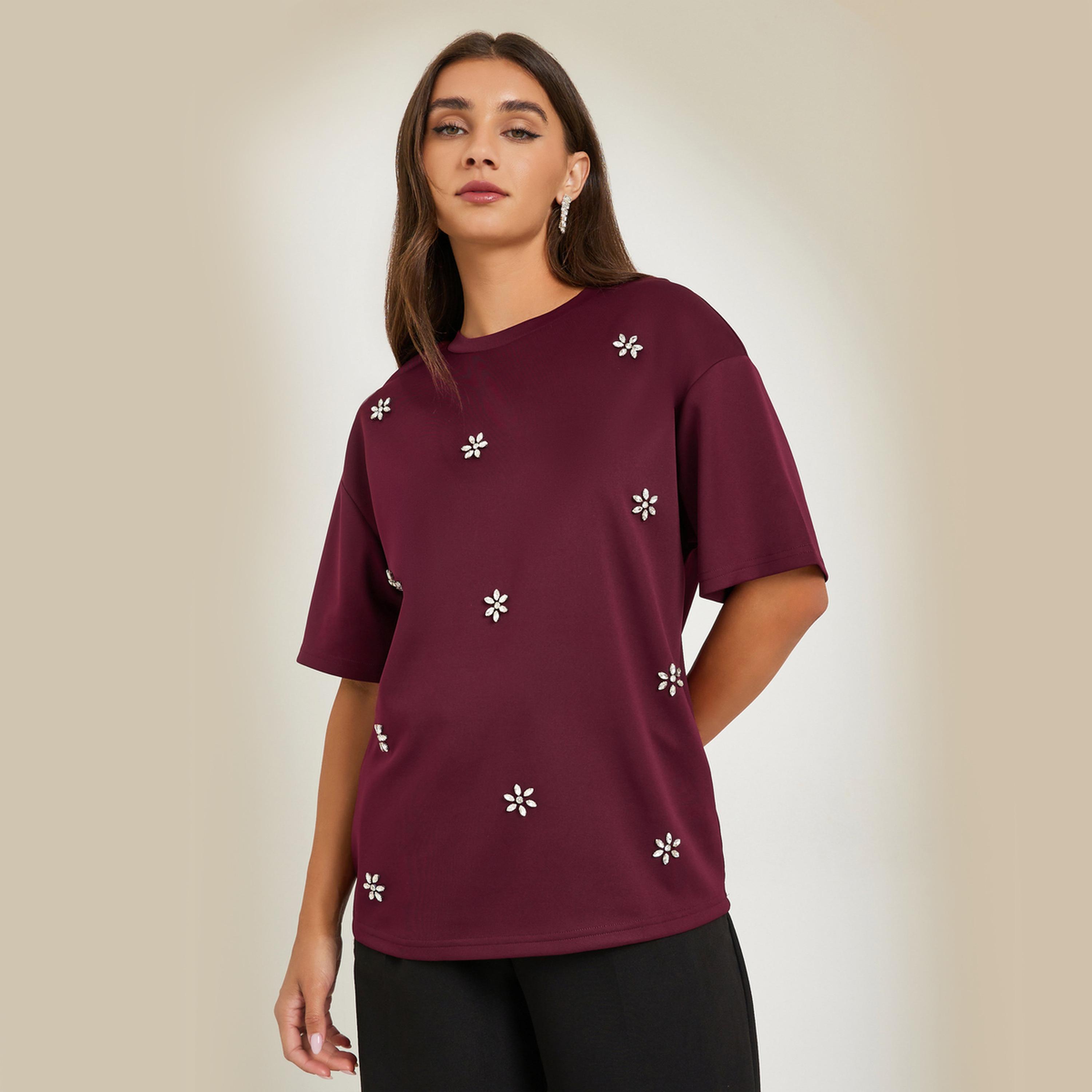 Styli Burgundy Embellished Oversized T-Shirt-women-clothing-tshirts-image-1
