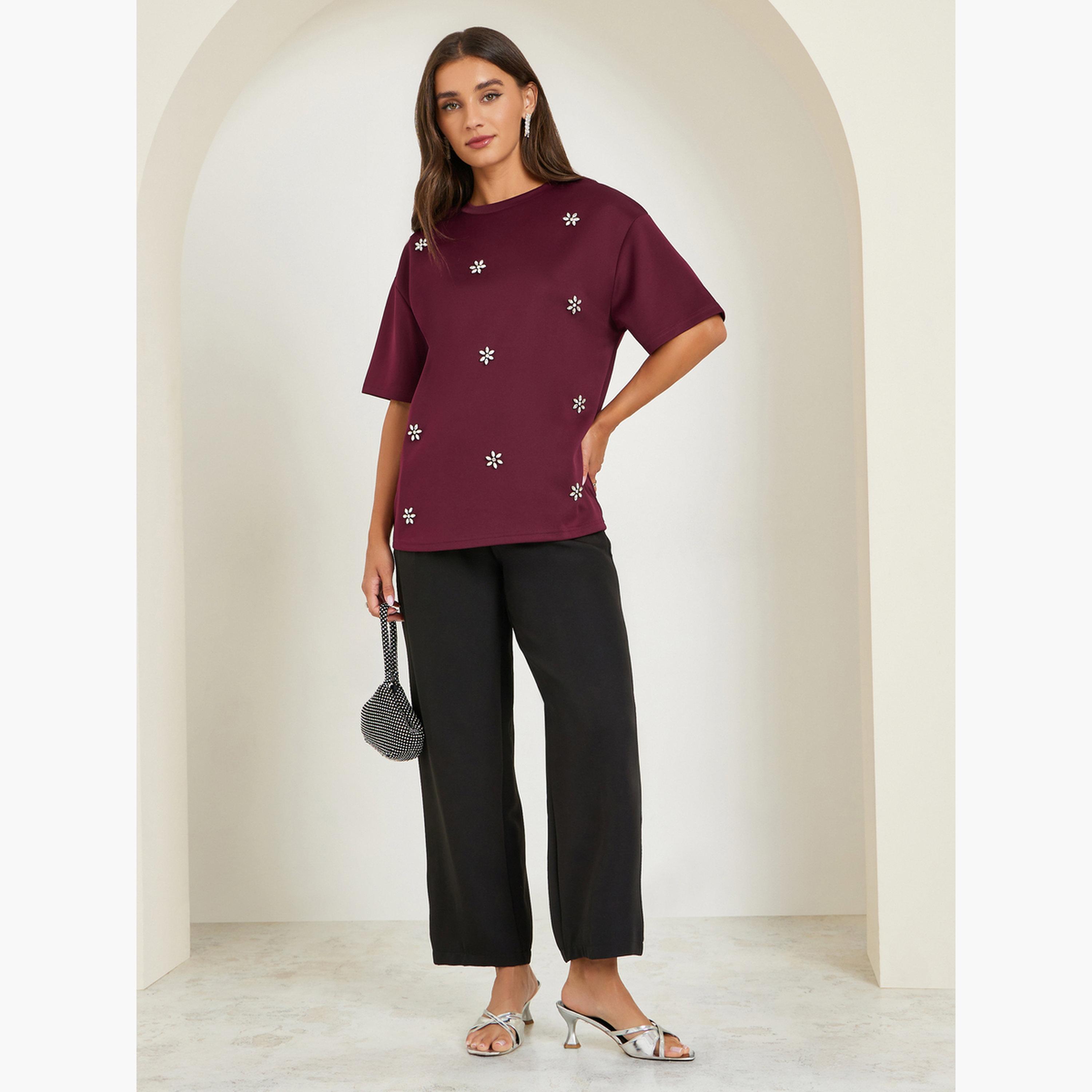 Styli Burgundy Embellished Oversized T-Shirt-women-clothing-tshirts-image-2