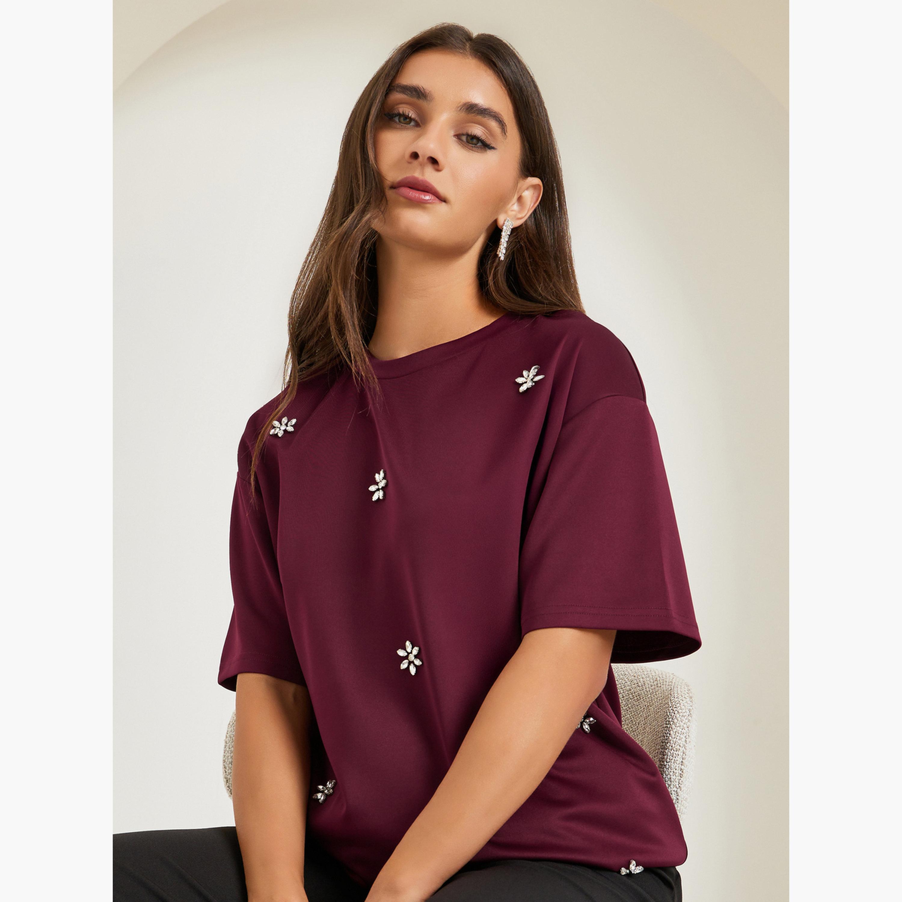 Styli Burgundy Embellished Oversized T-Shirt-women-clothing-tshirts-image-3
