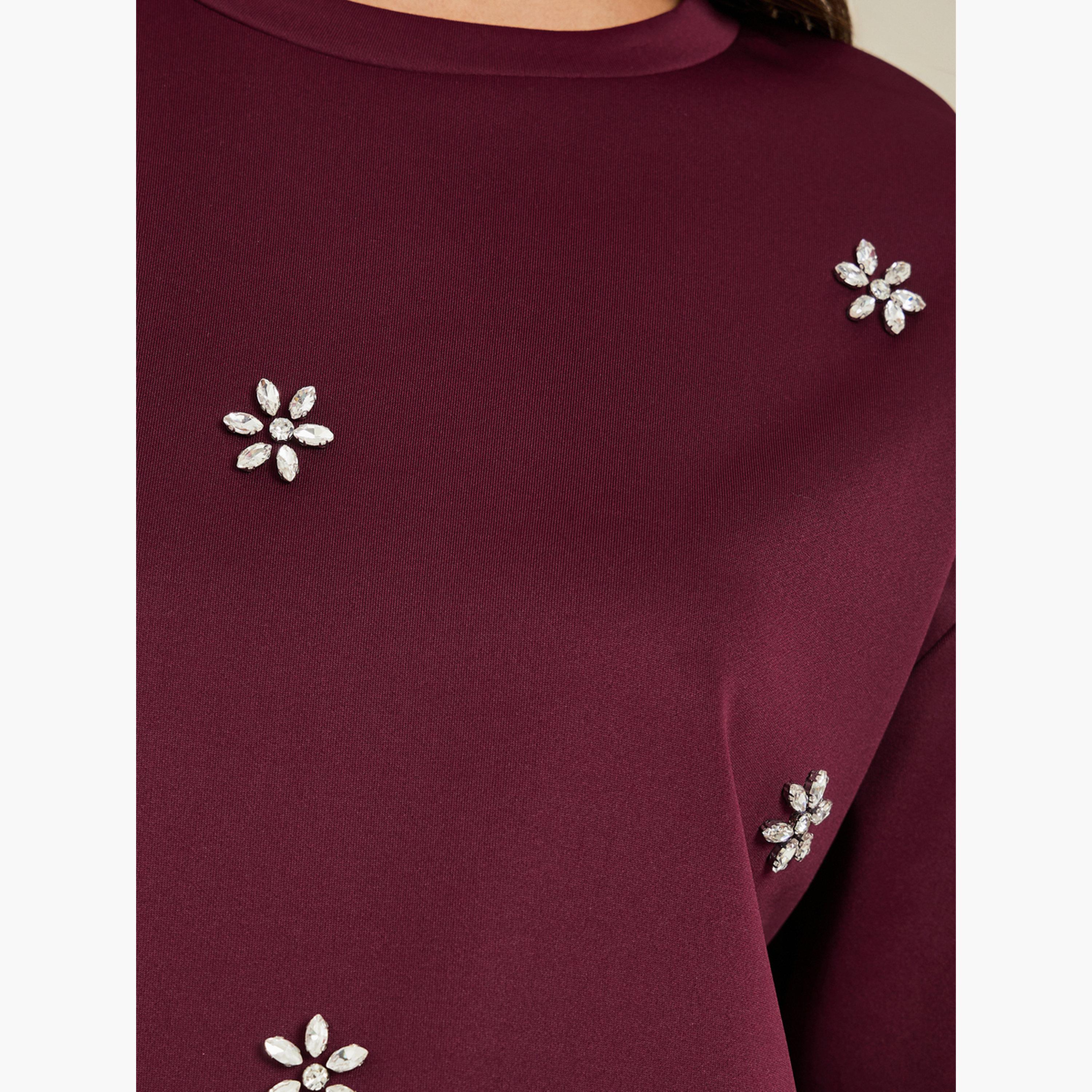 Styli Burgundy Embellished Oversized T-Shirt-women-clothing-tshirts-image-4