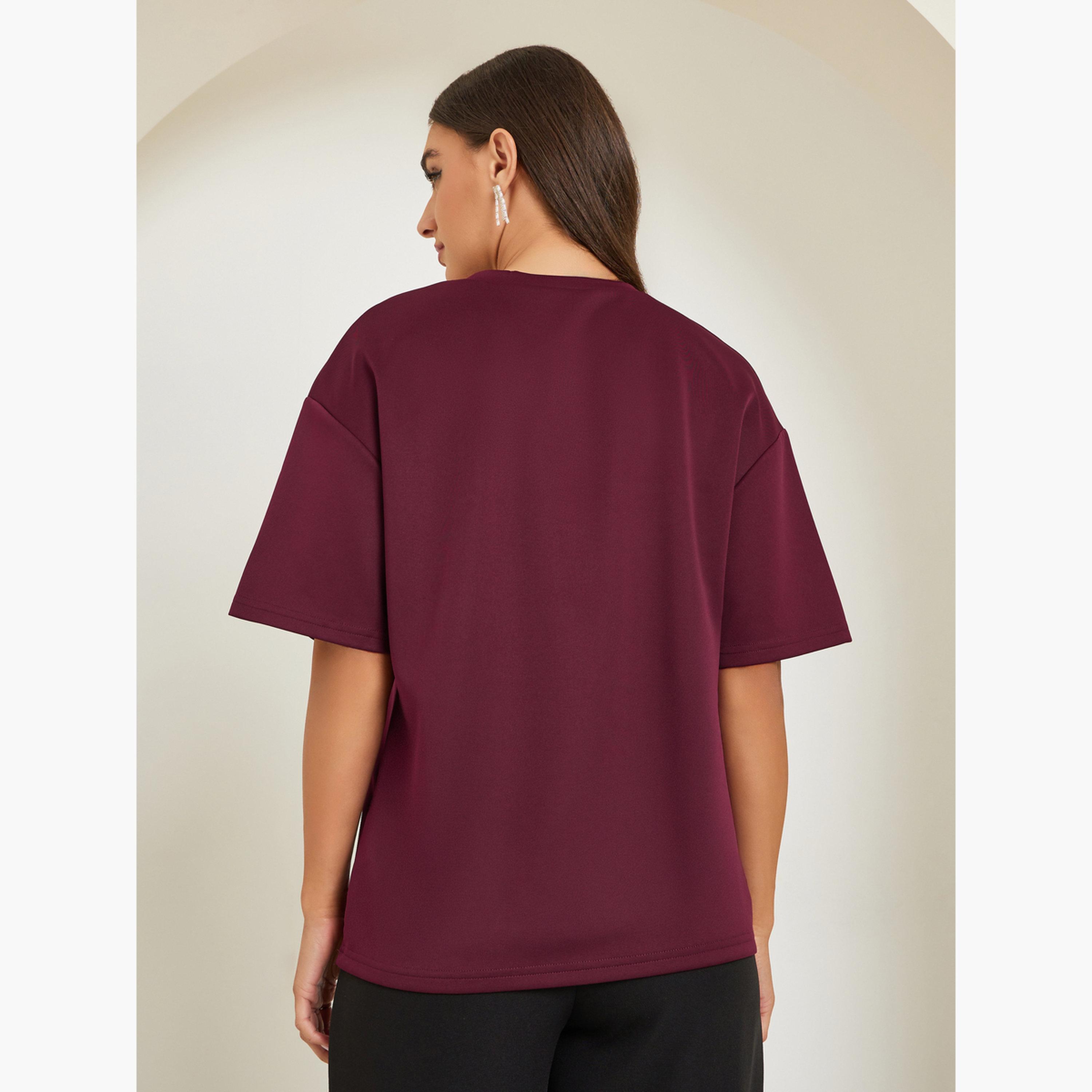 Styli Burgundy Embellished Oversized T-Shirt-women-clothing-tshirts-image-5