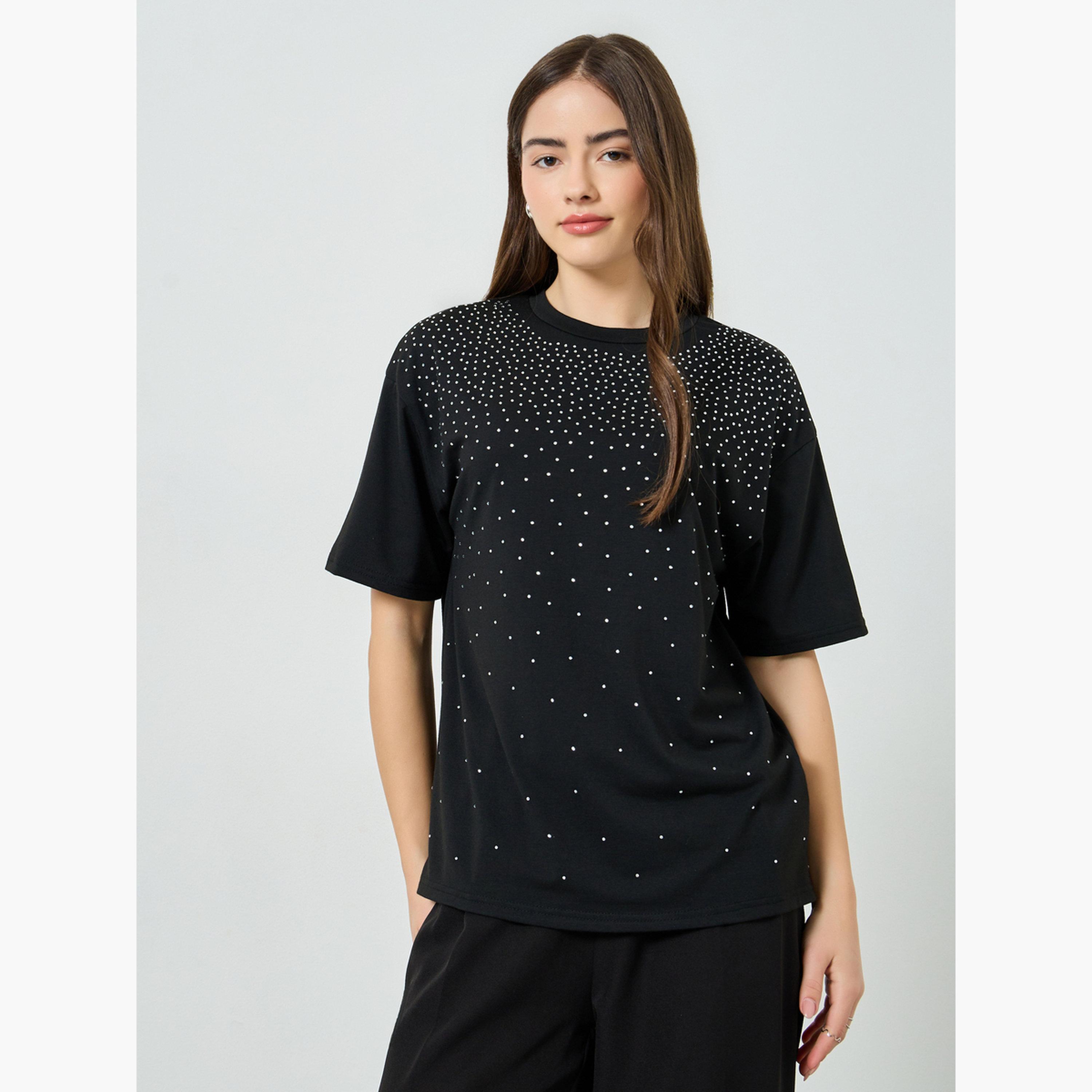 Styli Black Embellished Oversized T-Shirt-women-clothing-tshirts-image-1