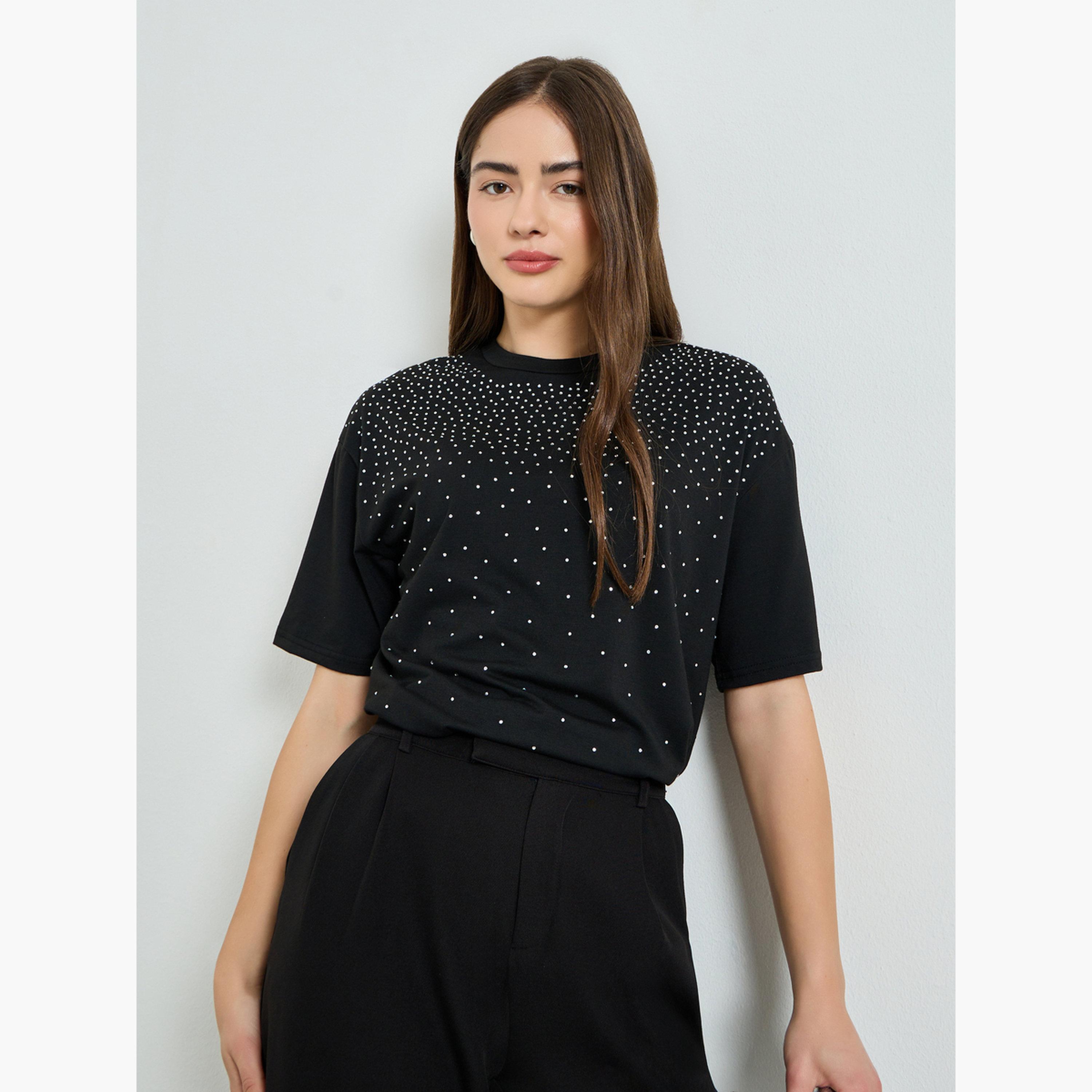 Styli Black Embellished Oversized T-Shirt-women-clothing-tshirts-image-3