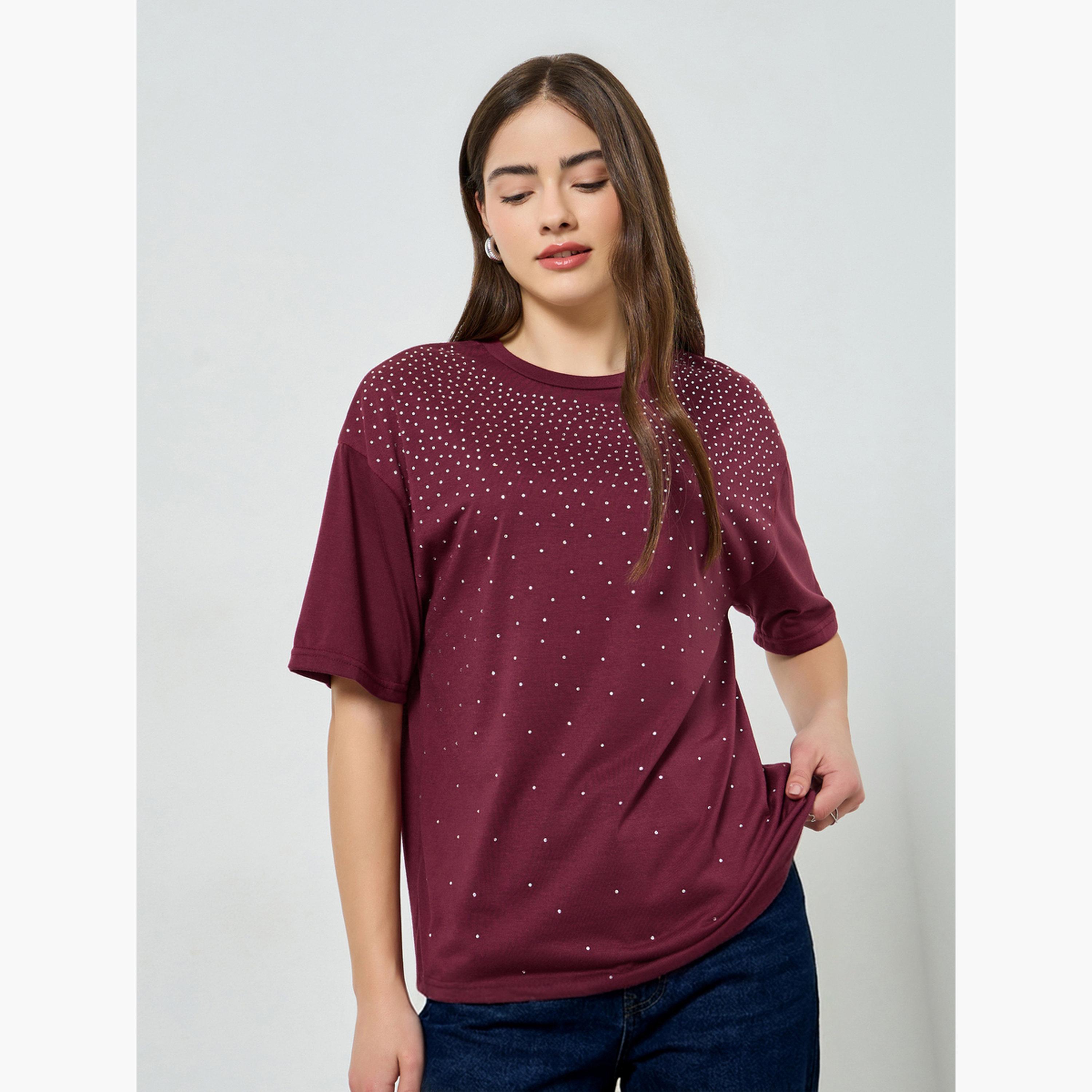 Styli Burgundy Embellished Oversized T-Shirt-women-clothing-tshirts-image-1
