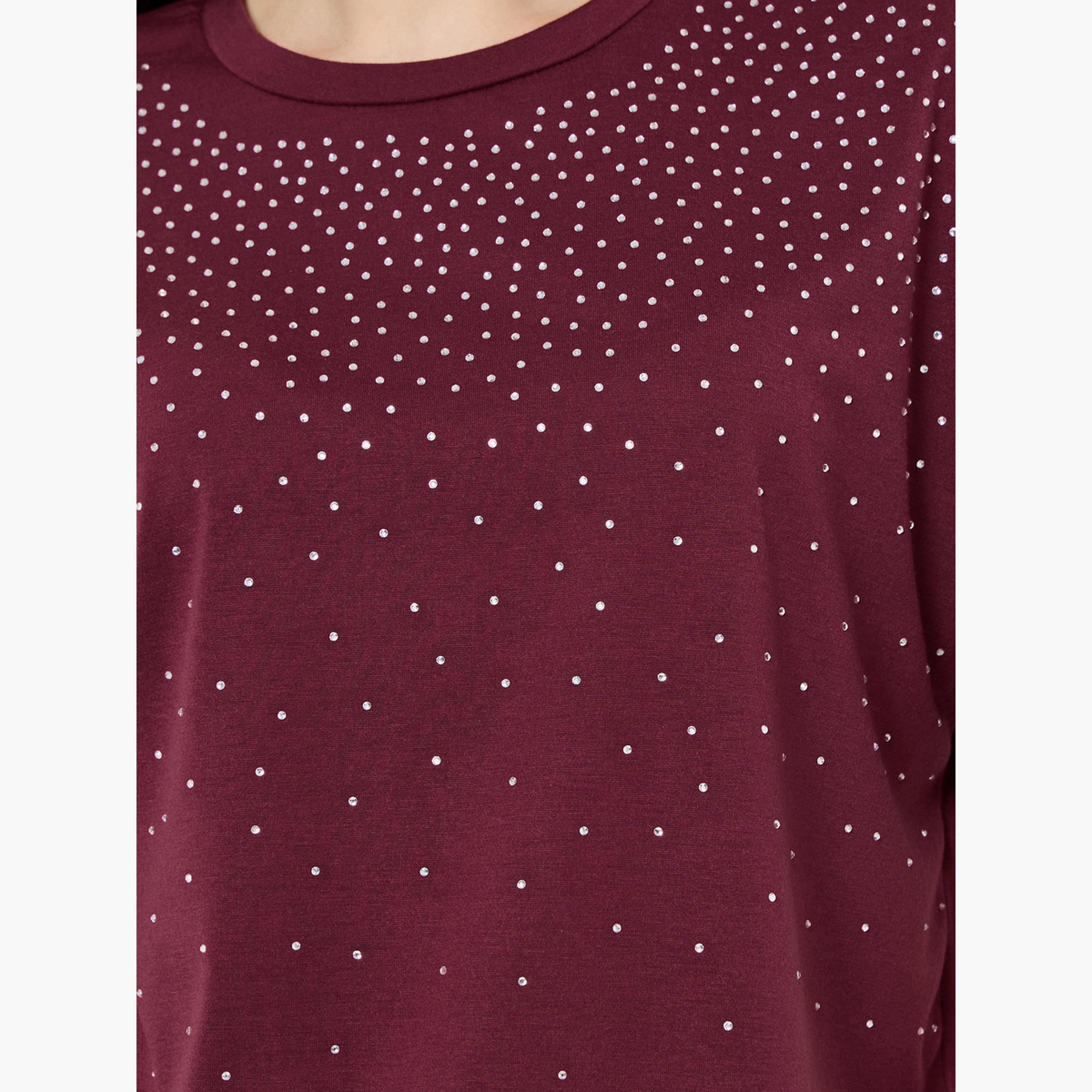 Styli Burgundy Embellished Oversized T-Shirt-women-clothing-tshirts-image-4
