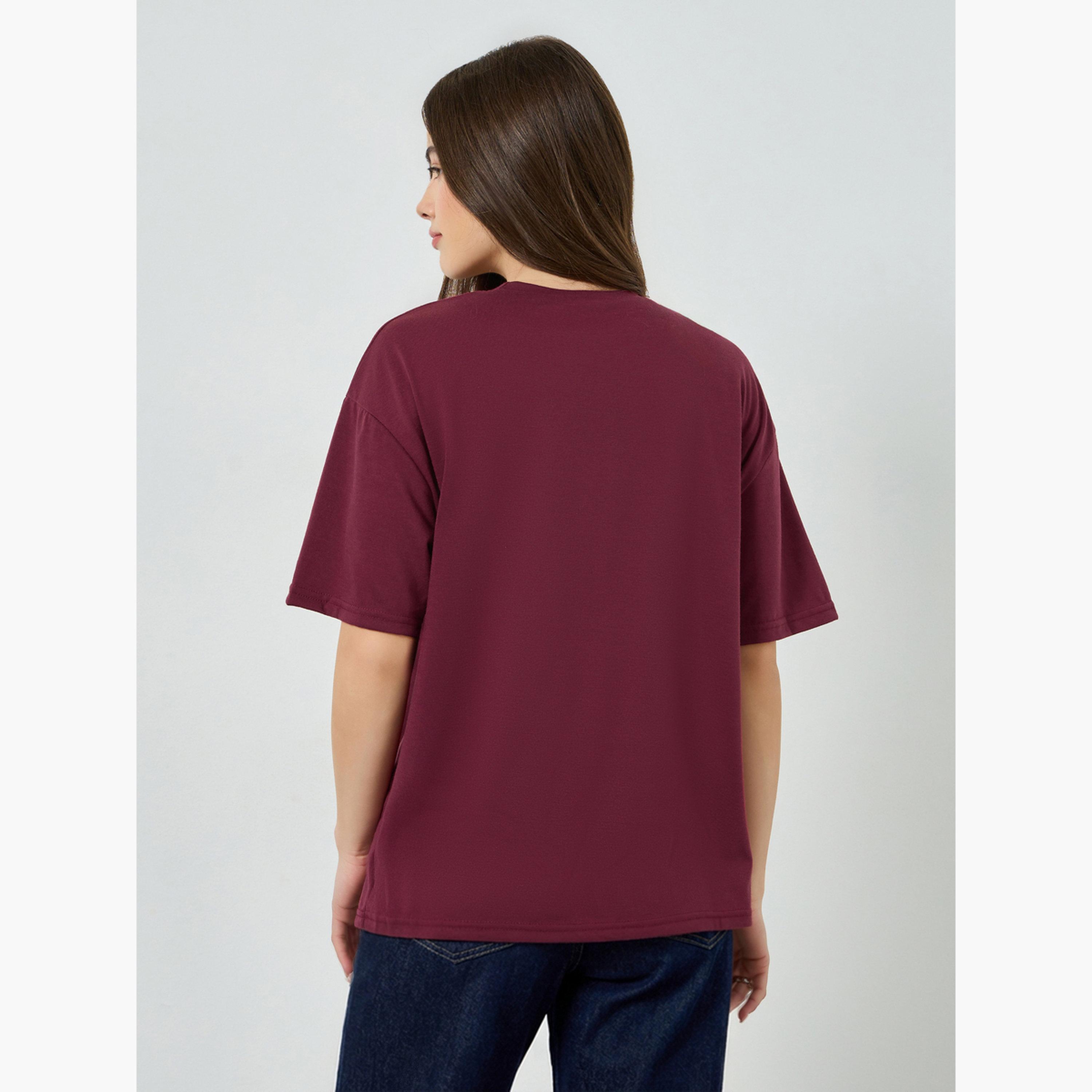 Styli Burgundy Embellished Oversized T-Shirt-women-clothing-tshirts-image-5