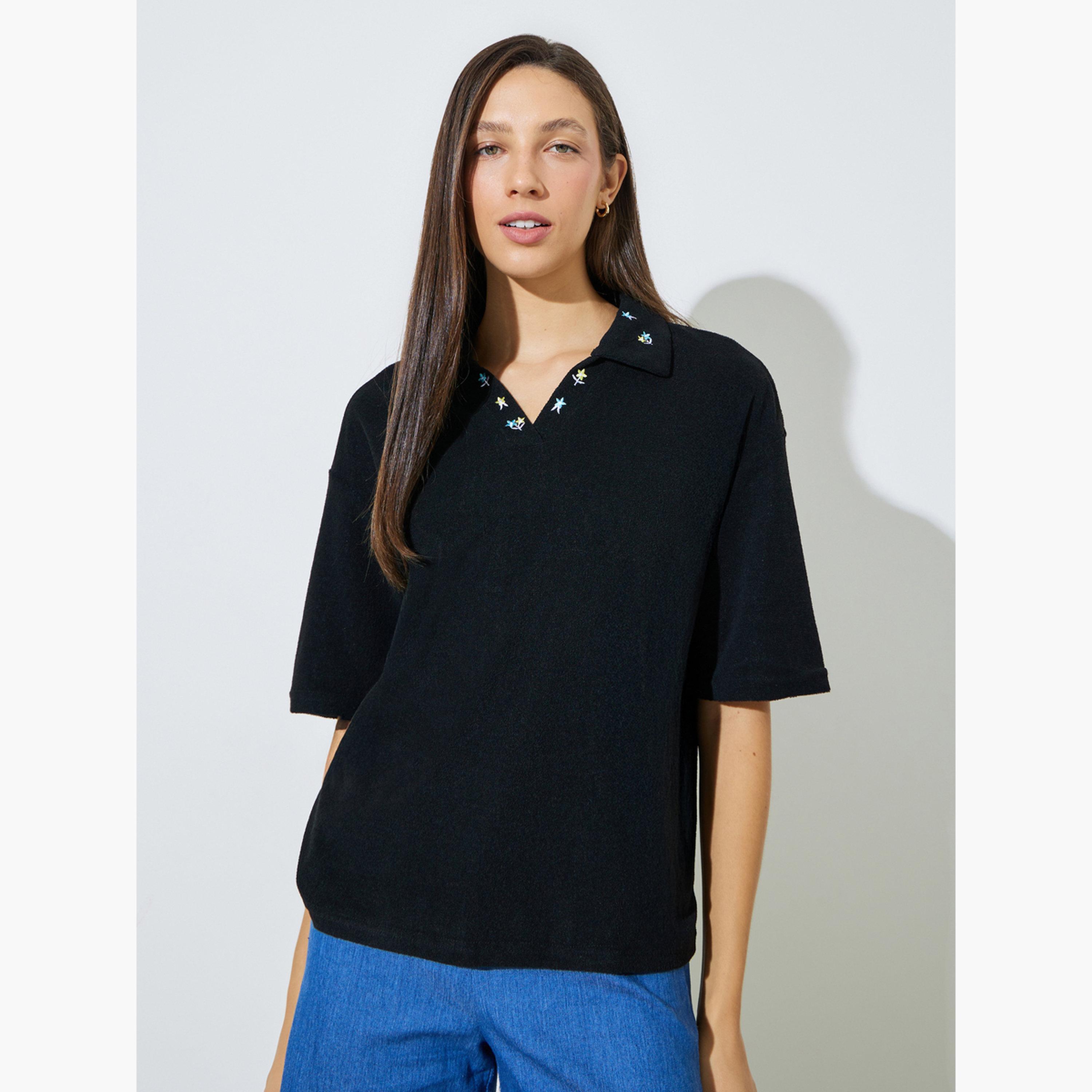Styli Black Embroidered Detail Boxy Fit Polo T-Shirt-women-clothing-tshirts-image-1