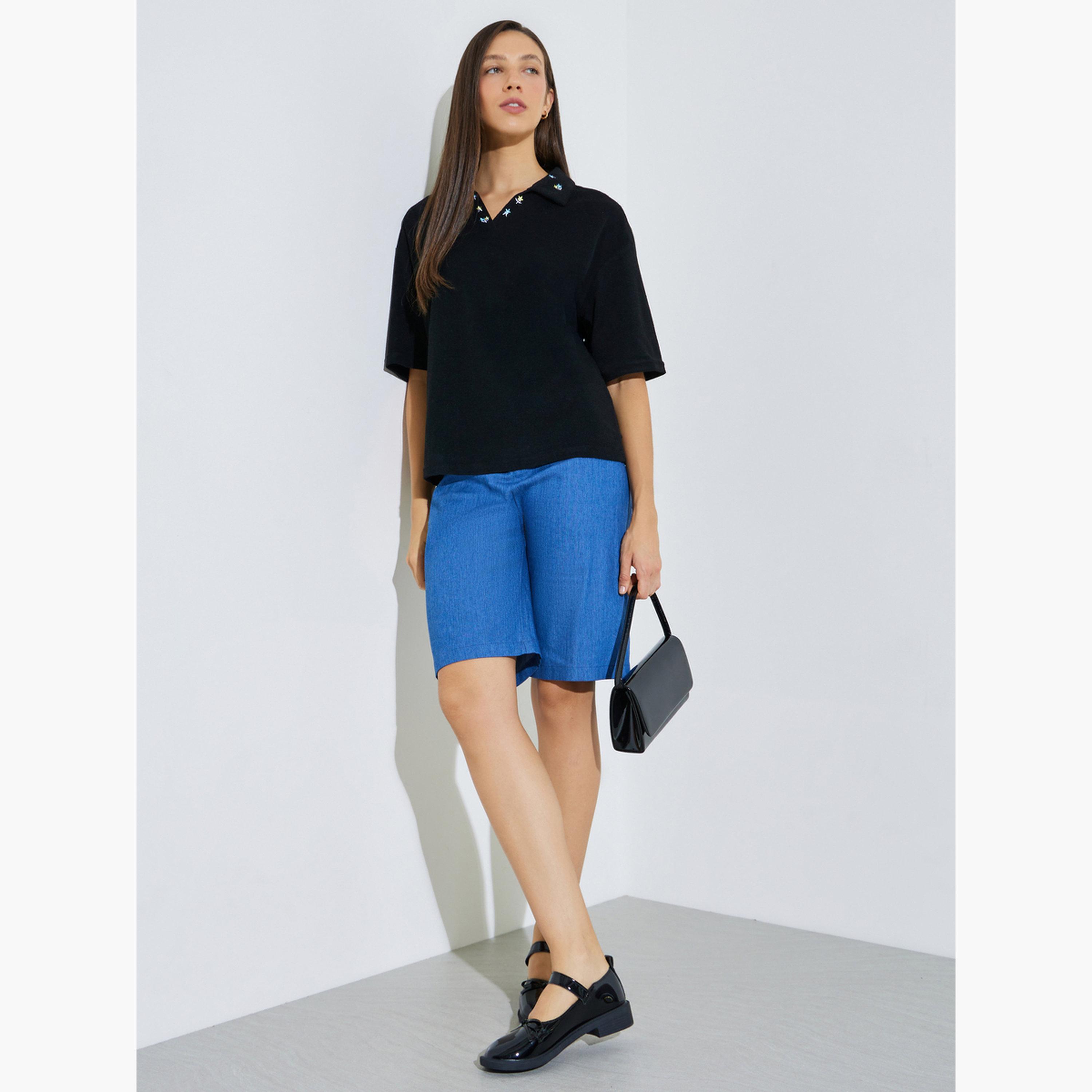 Styli Black Embroidered Detail Boxy Fit Polo T-Shirt-women-clothing-tshirts-image-2