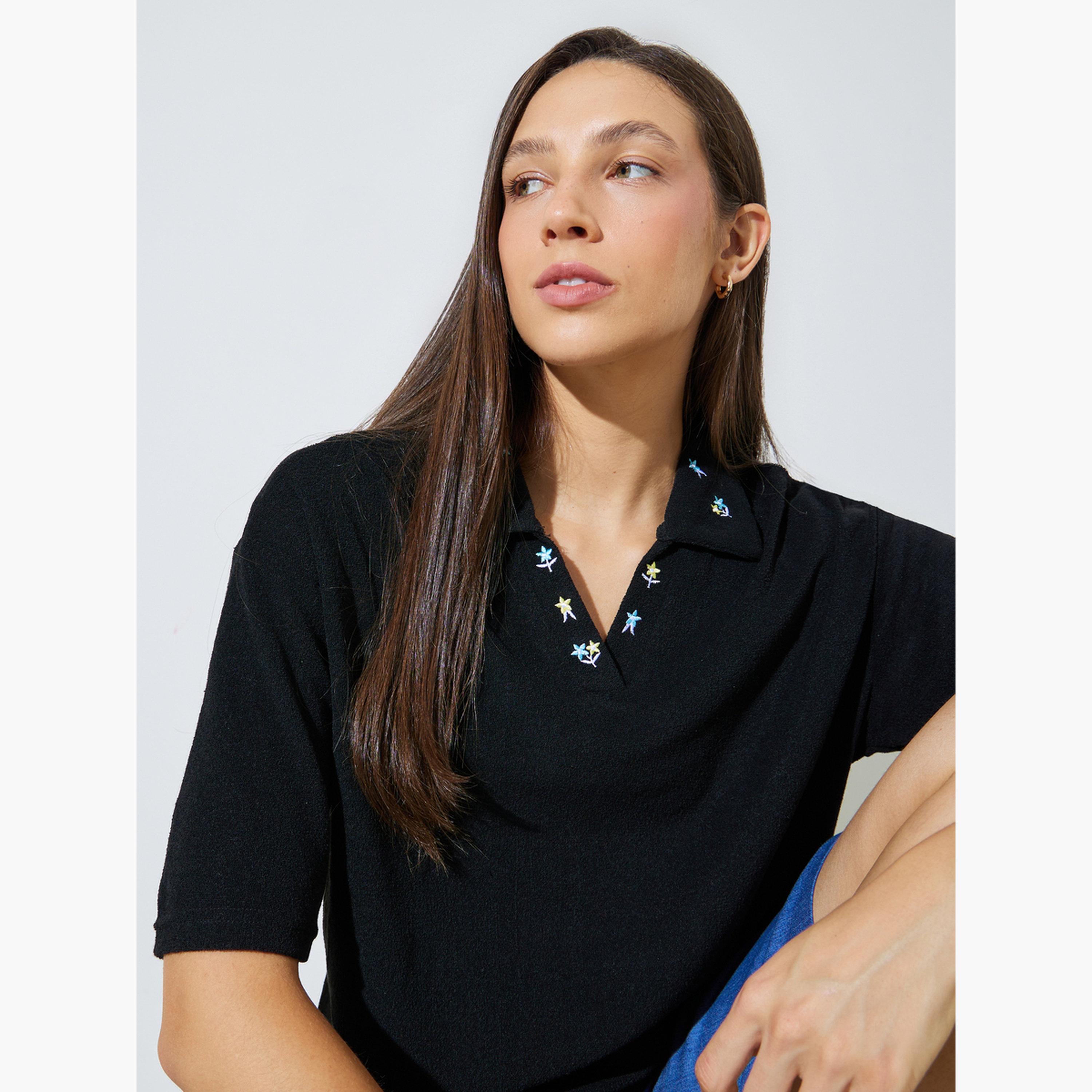 Styli Black Embroidered Detail Boxy Fit Polo T-Shirt-women-clothing-tshirts-image-3