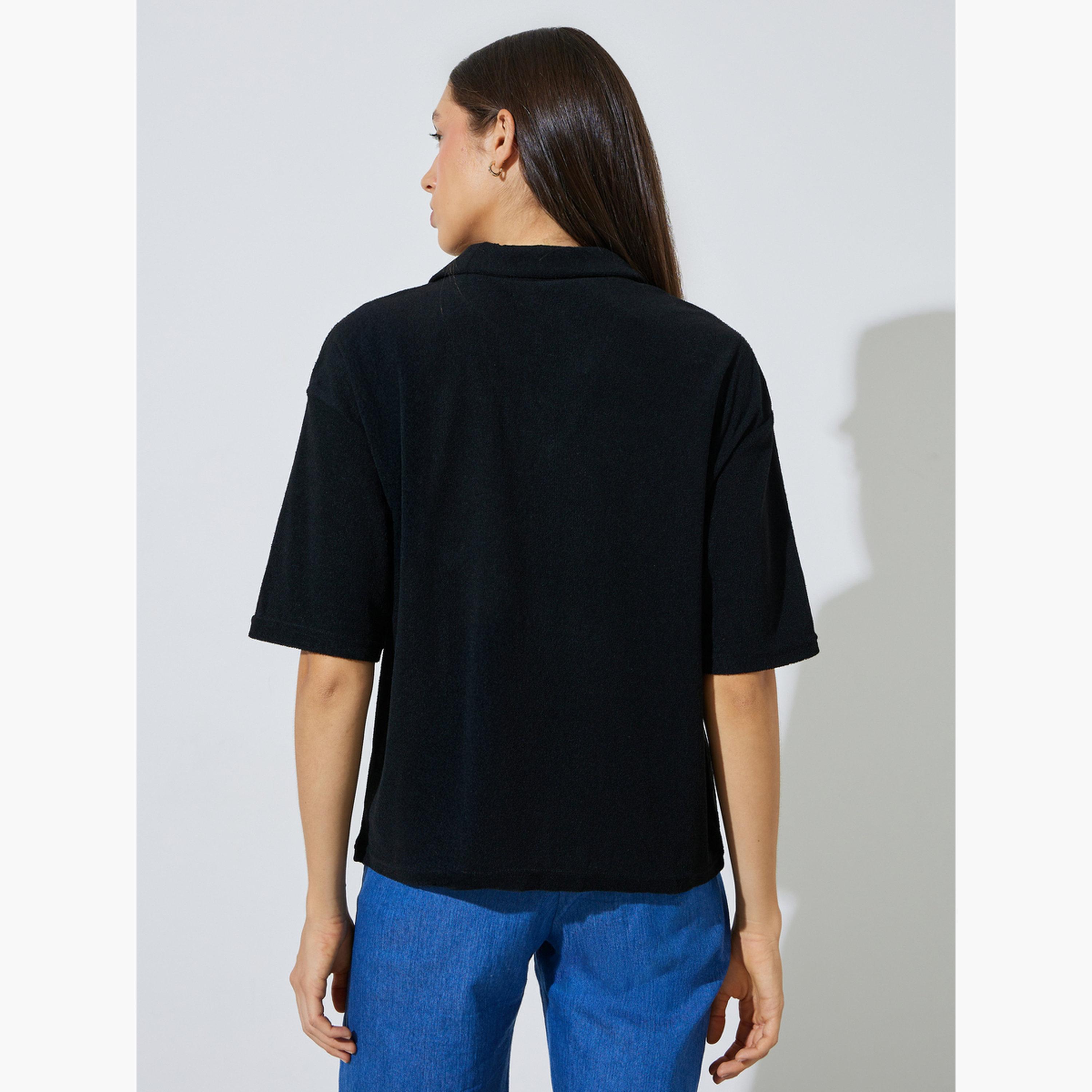 Styli Black Embroidered Detail Boxy Fit Polo T-Shirt-women-clothing-tshirts-image-4