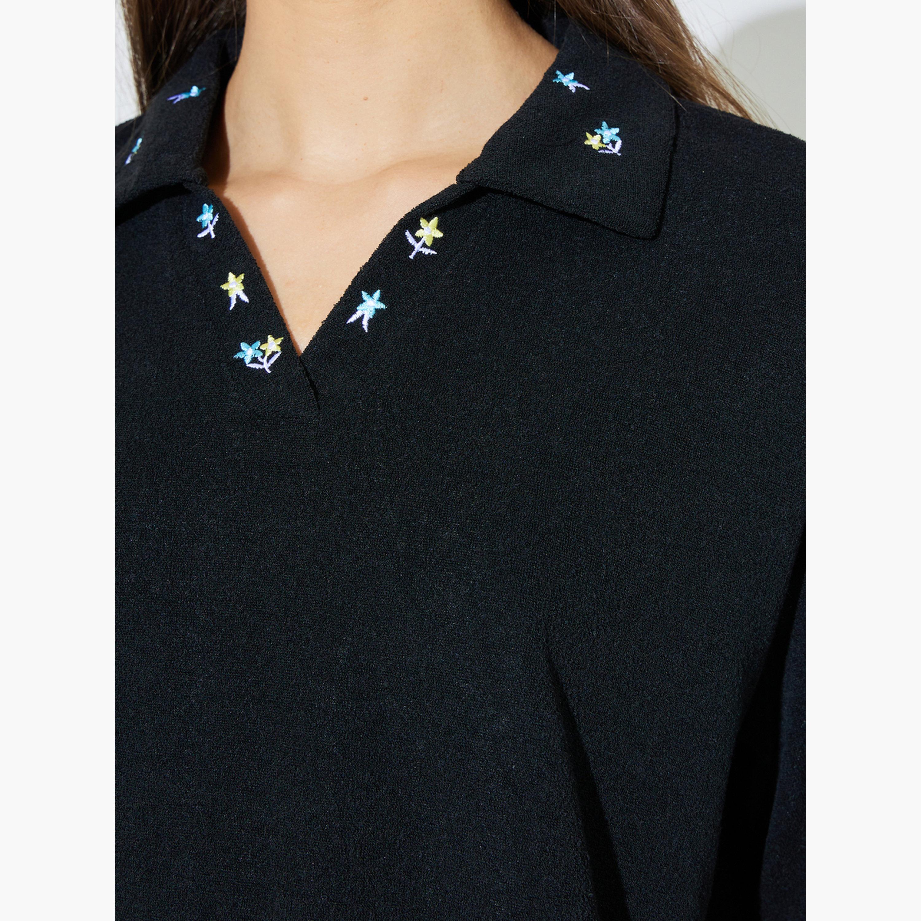 Styli Black Embroidered Detail Boxy Fit Polo T-Shirt-women-clothing-tshirts-image-5