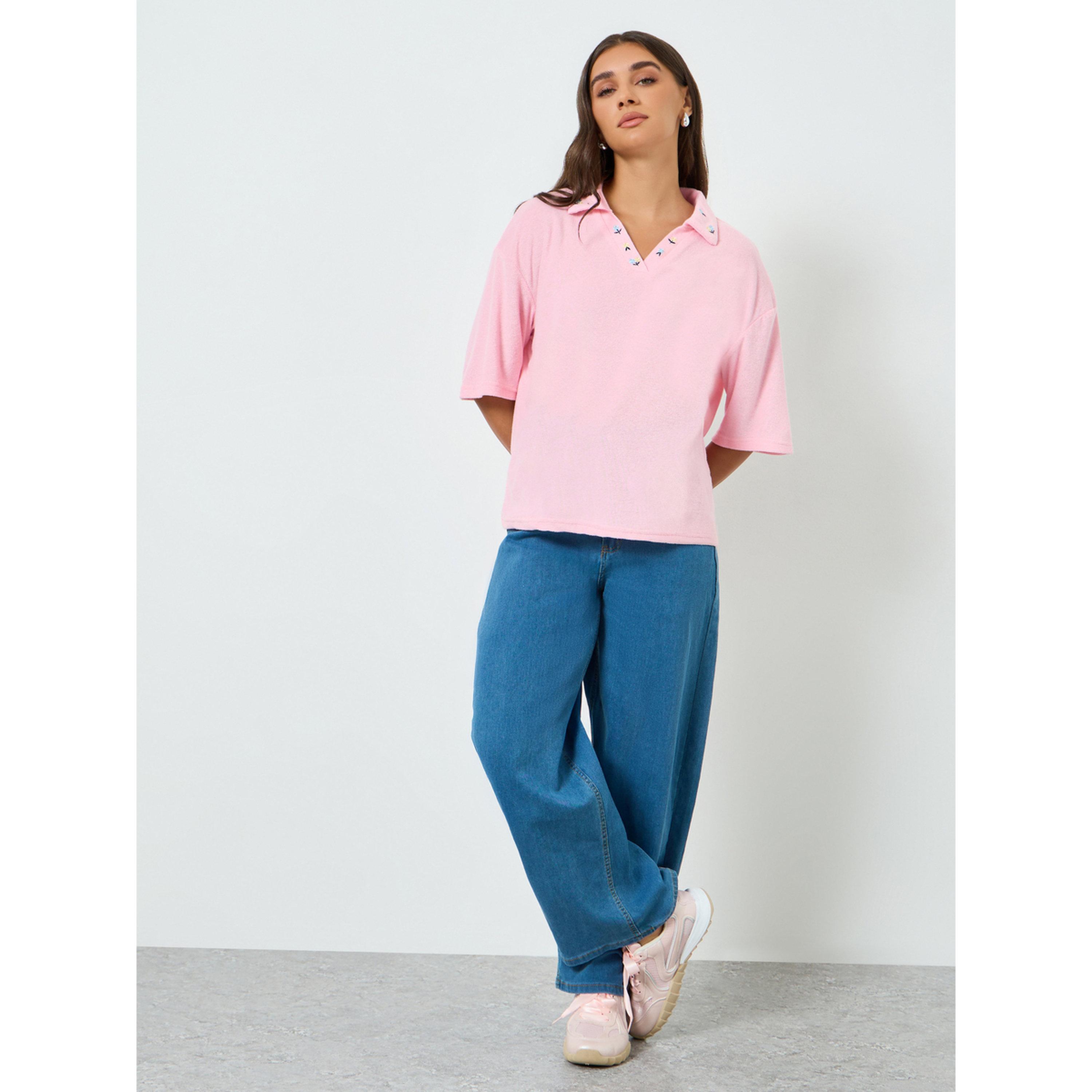 Styli Women Pink Embroidered Polo T-Shirt-women-clothing-tshirts-image-2