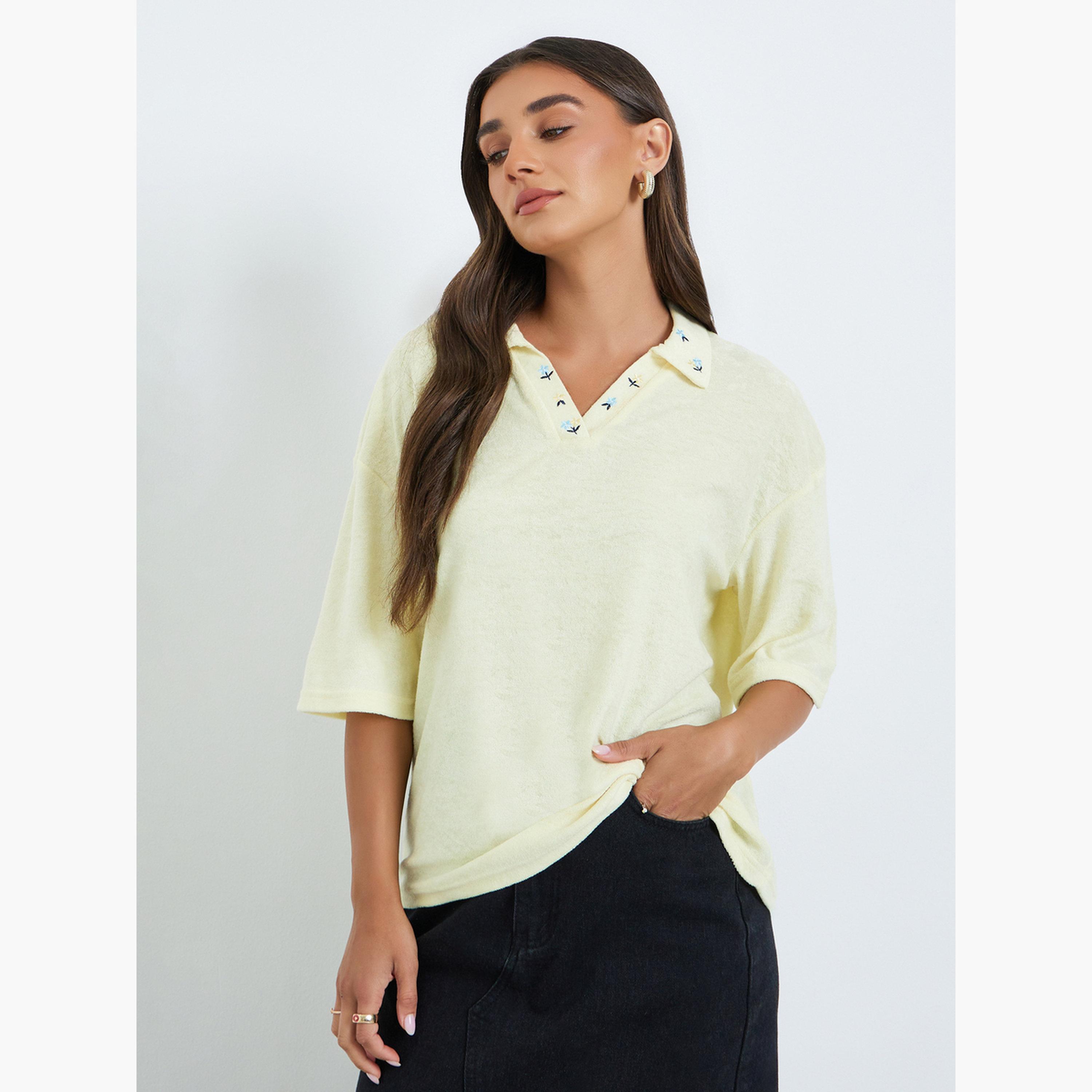 Styli Women Yellow Embroidered Polo T-Shirt-women-clothing-tshirts-image-1