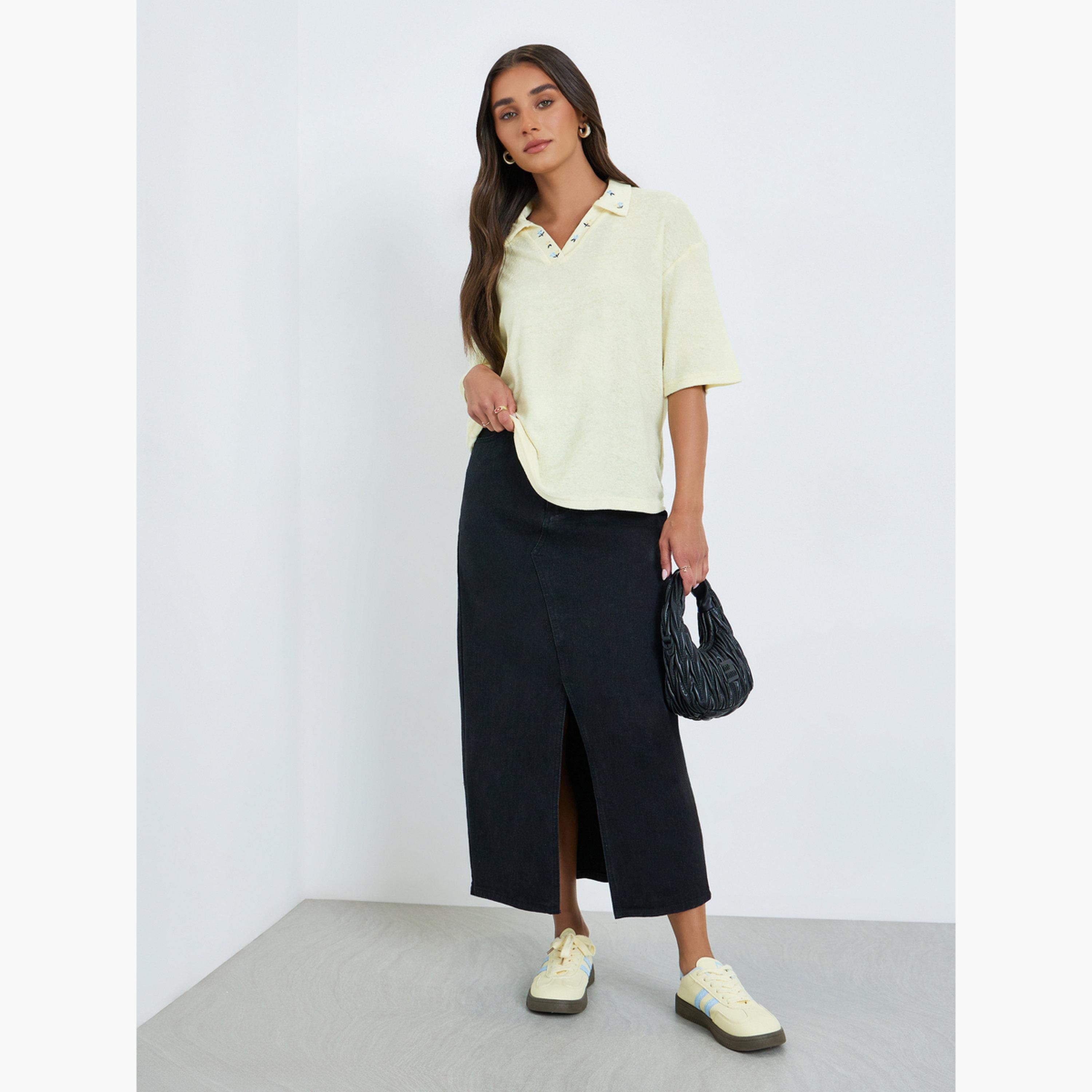 Styli Women Yellow Embroidered Polo T-Shirt-women-clothing-tshirts-image-2