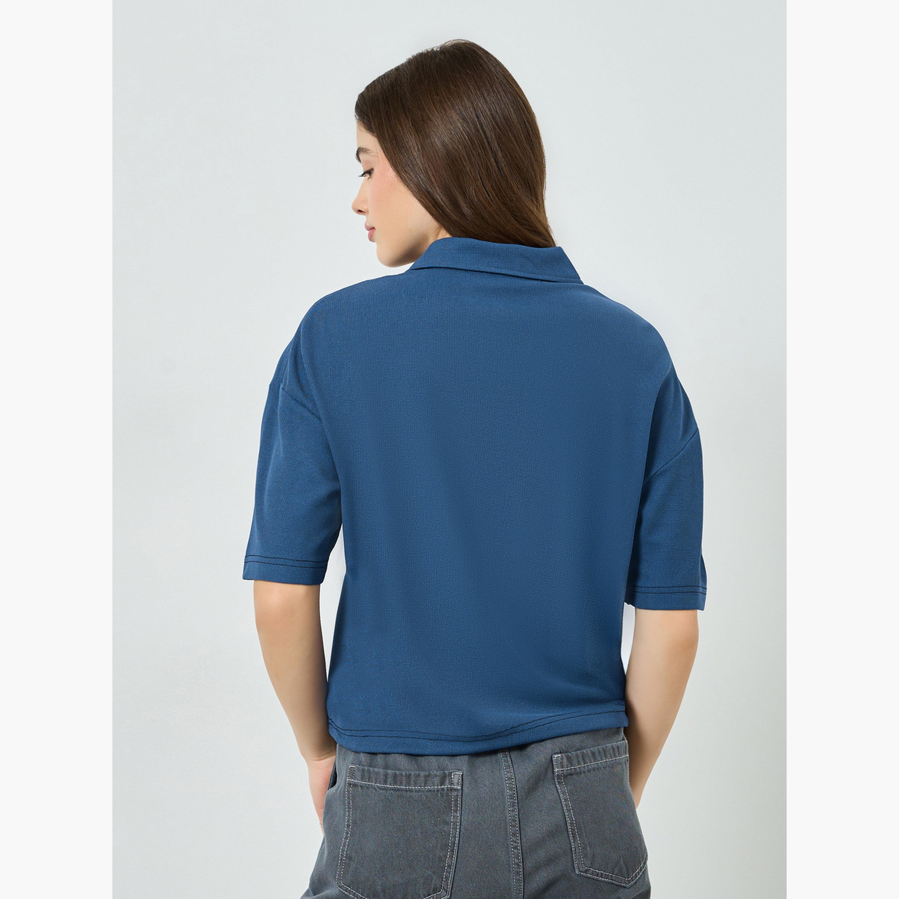 Styli Navy Blue Relaxed Polo T-Shirt with Toggle Detail-women-clothing-tshirts-image-5