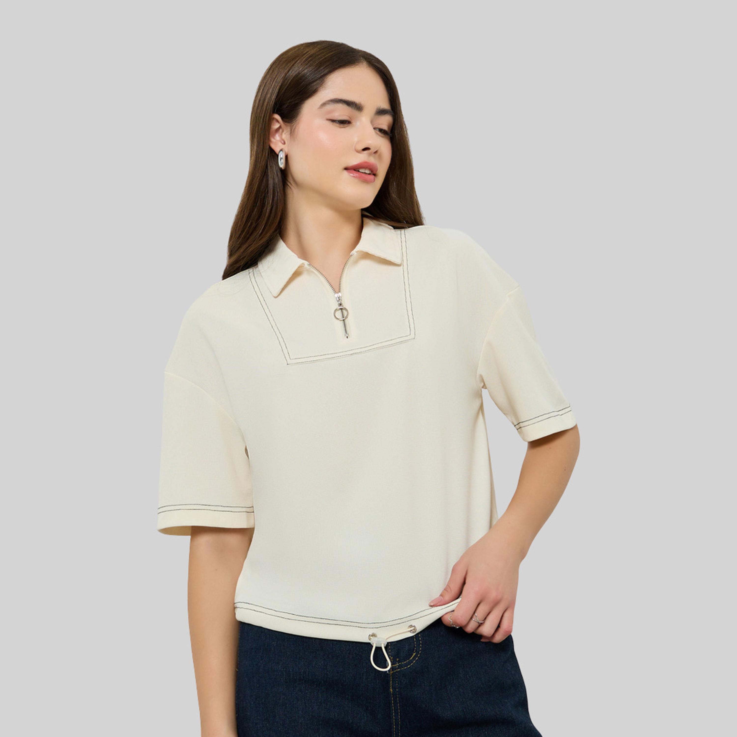 Styli Off White Relaxed Polo T-Shirt with Toggle Detail-women-clothing-tshirts-image-1