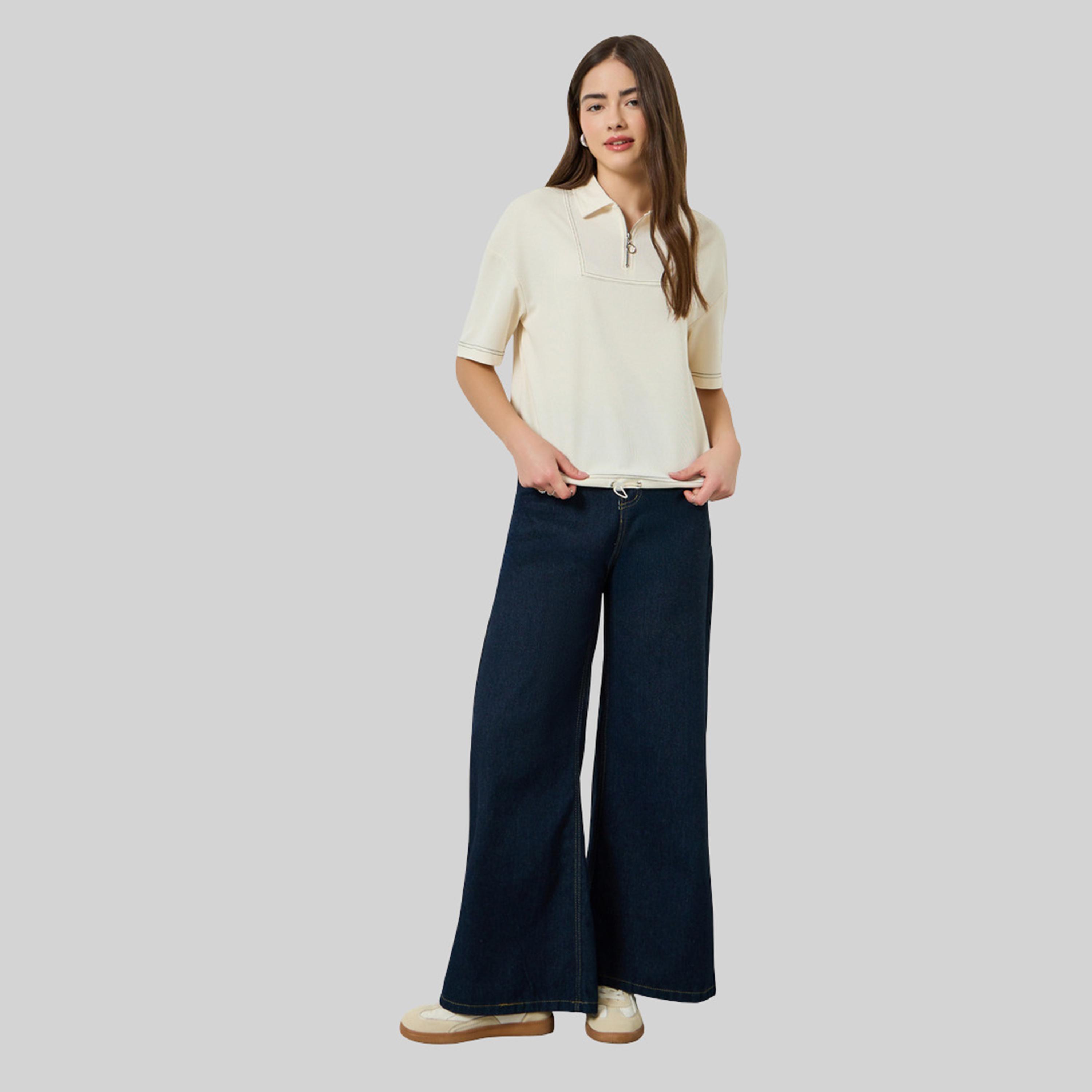 Styli Off White Relaxed Polo T-Shirt with Toggle Detail-women-clothing-tshirts-image-2