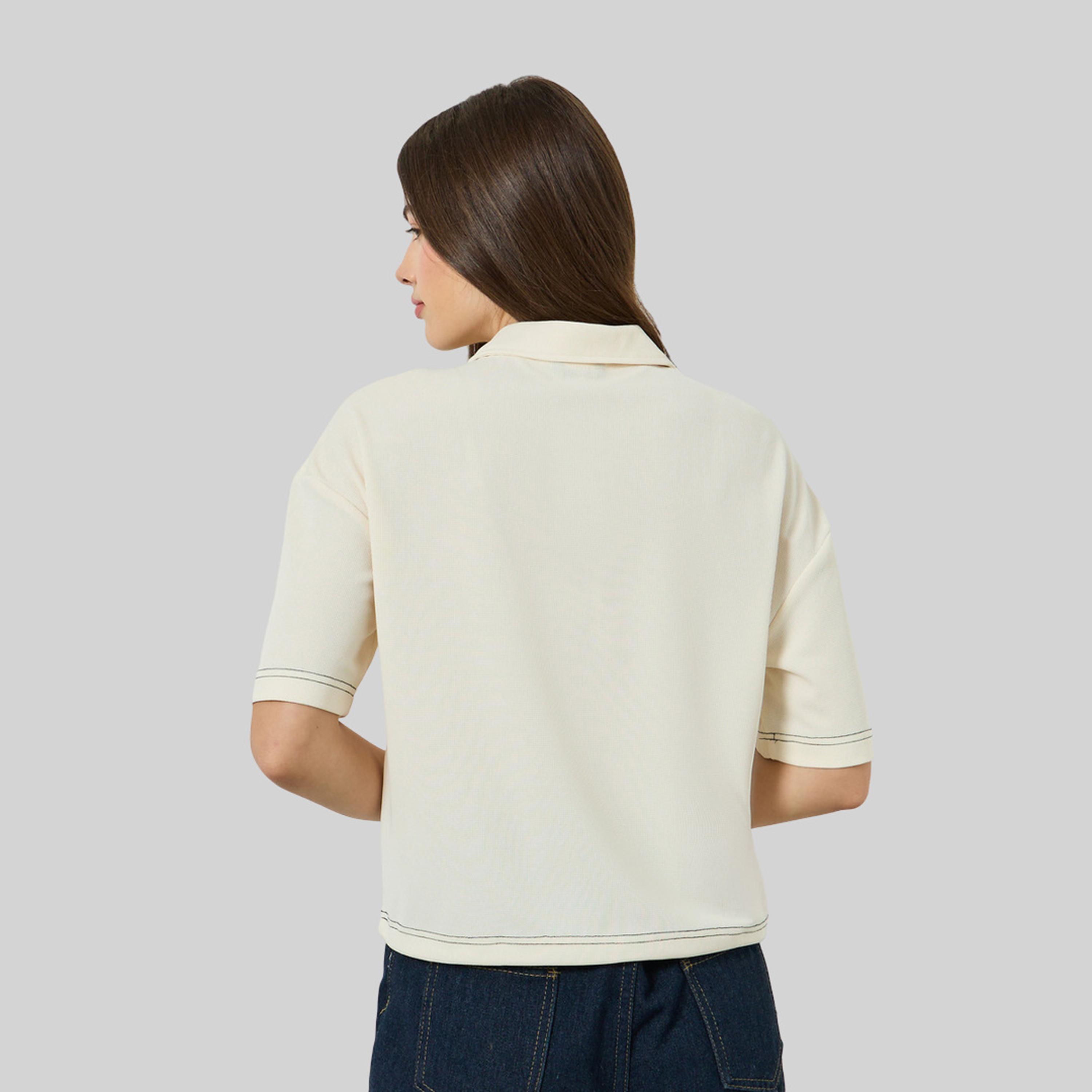 Styli Off White Relaxed Polo T-Shirt with Toggle Detail-women-clothing-tshirts-image-5