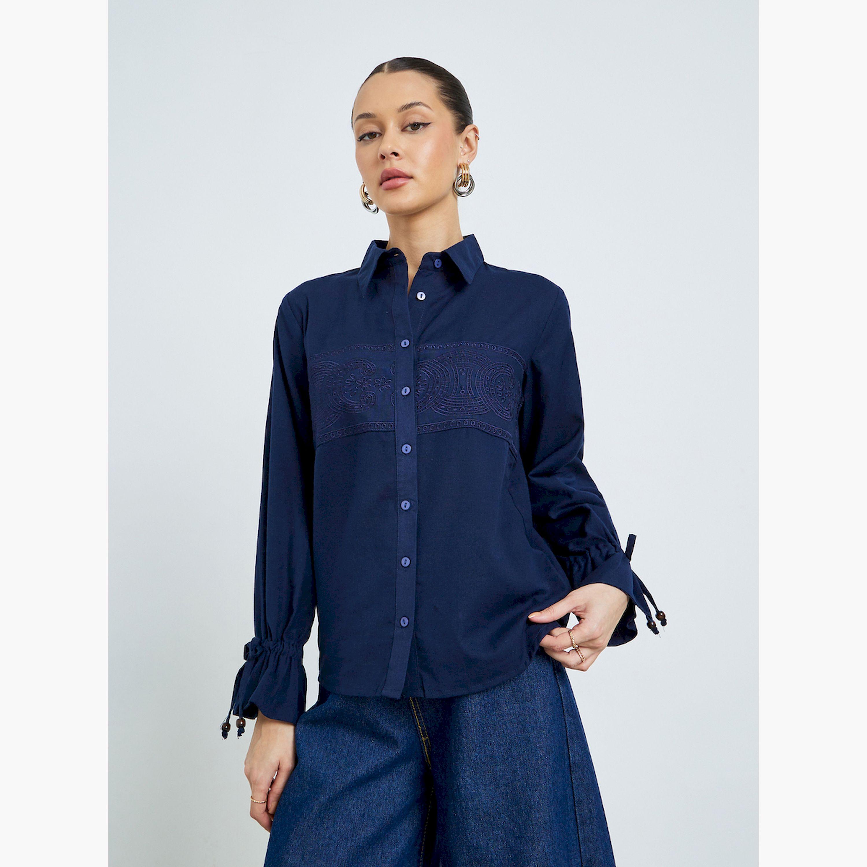 قميص قطني كحلي مطرز-women-clothing-shirtsandblouses-shirts-image-1