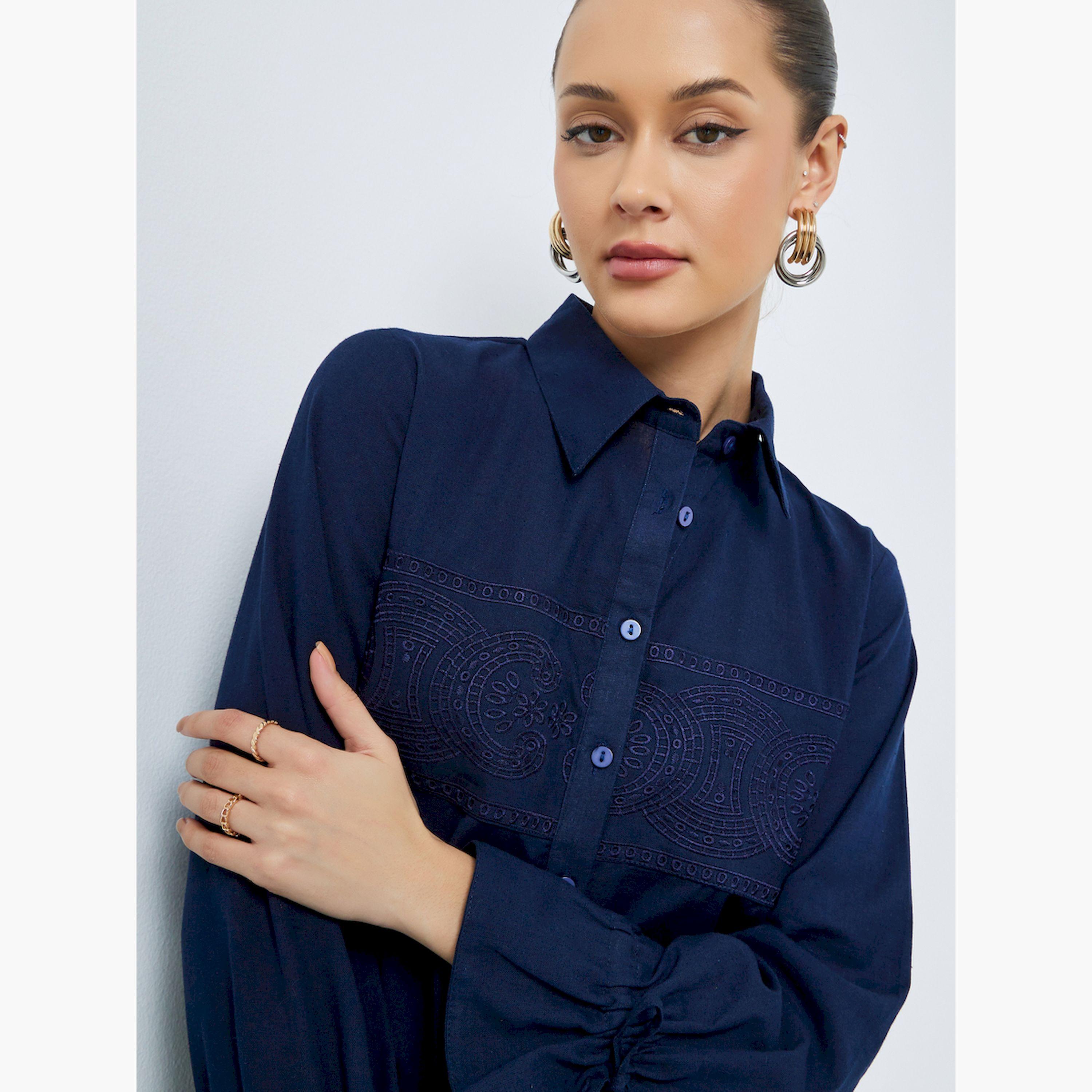 Styli Navy Blue Embroidered Cotton Shirt-women-clothing-shirtsandblouses-shirts-image-3