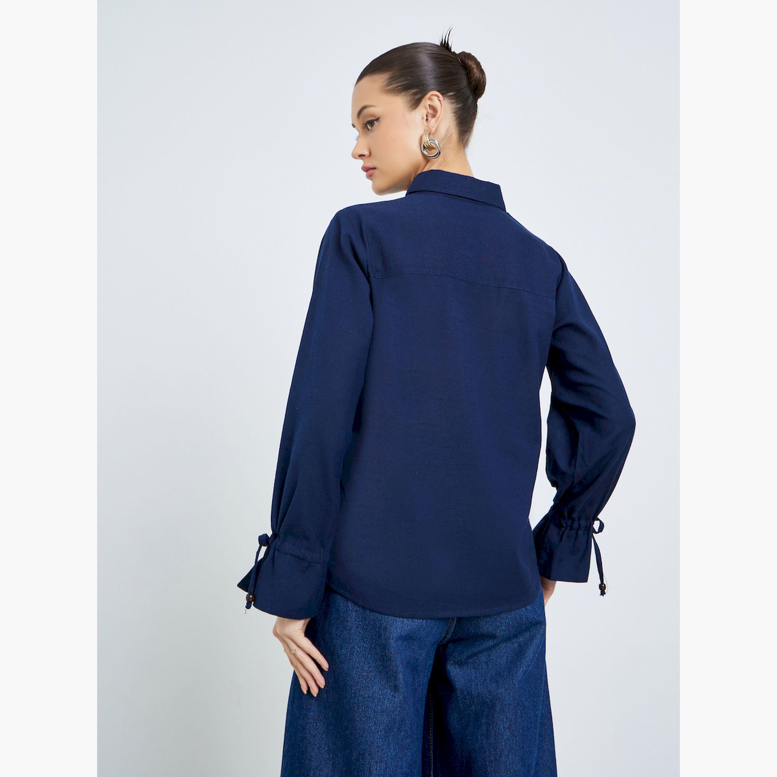 Styli Navy Blue Embroidered Cotton Shirt-women-clothing-shirtsandblouses-shirts-image-4