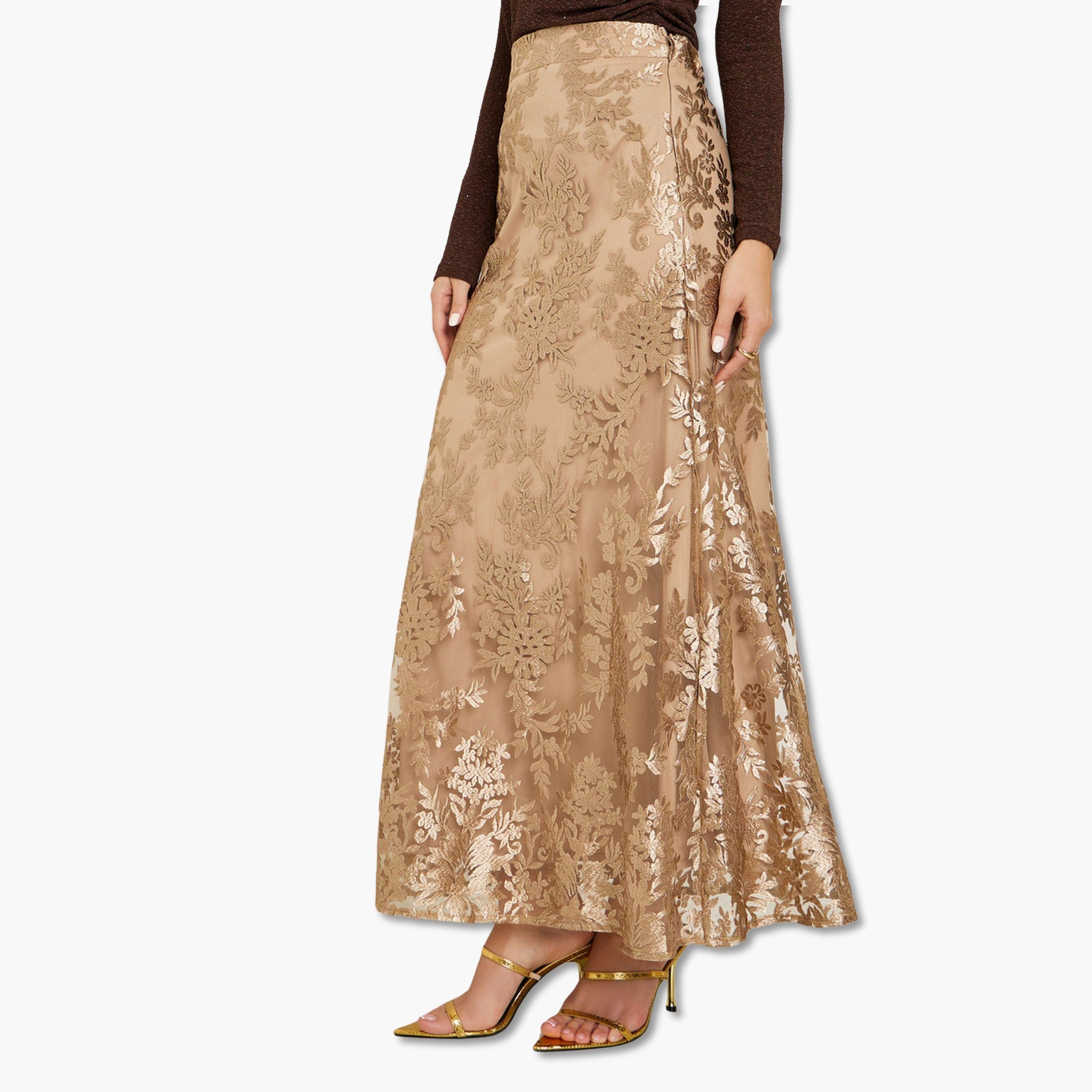 Styli Women Gold Lace Pencil Maxi Skirt-women-clothing-bottoms-skirts-image-1