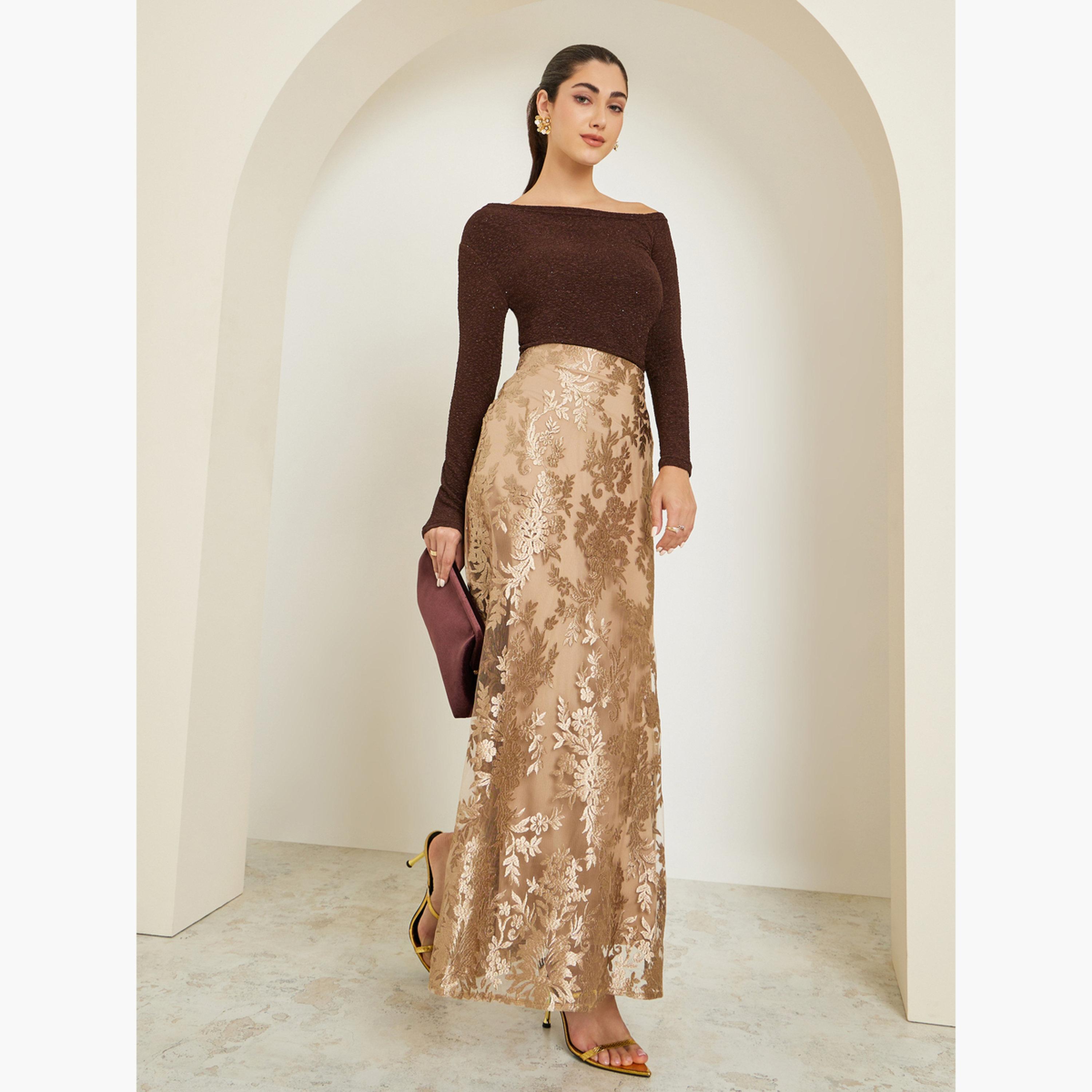 Styli Women Gold Lace Pencil Maxi Skirt-women-clothing-bottoms-skirts-image-2