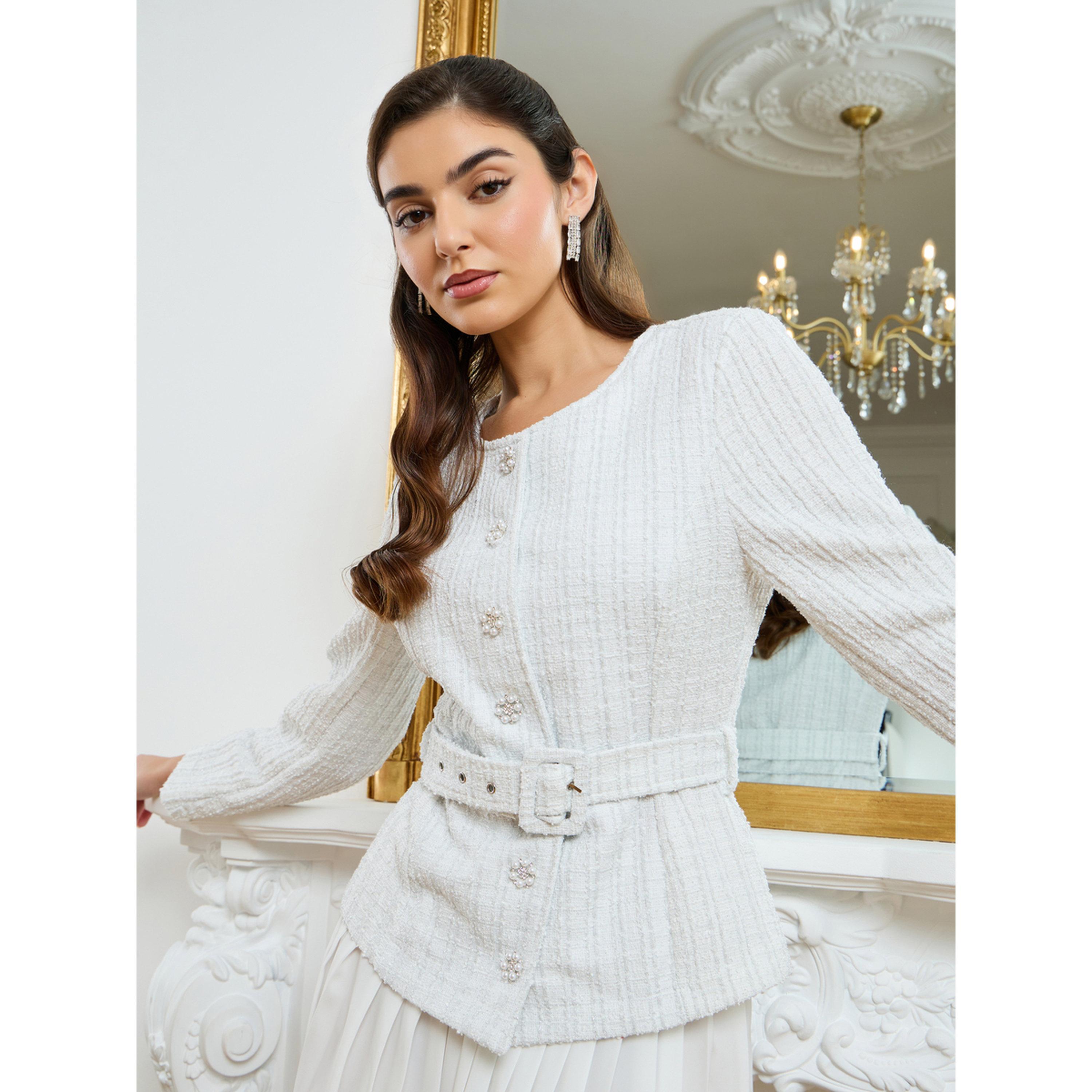 Styli Women Off-White Tweed Top and Pleated Skirt Co-Ords-women-clothing-coordsets-image-2