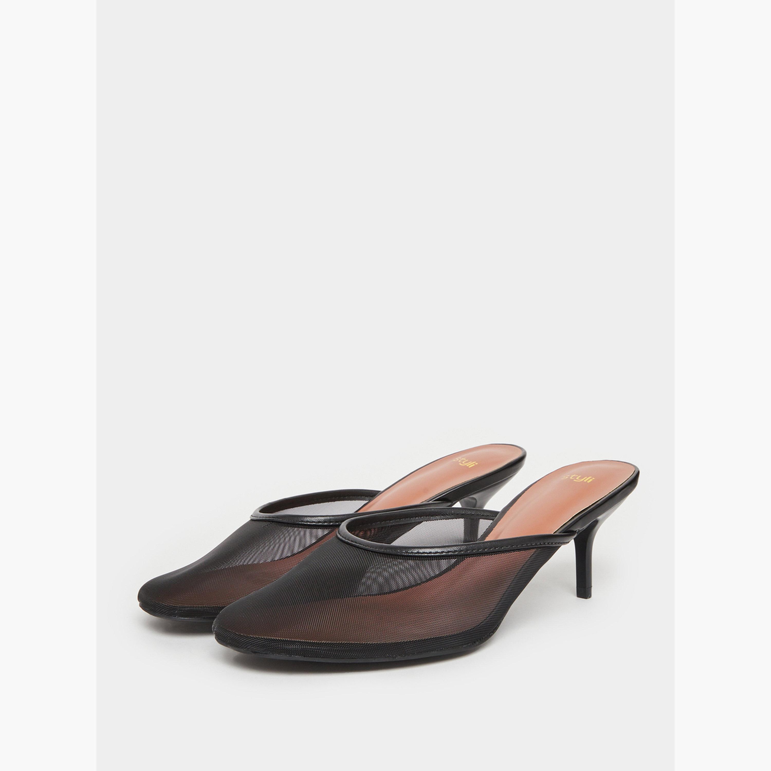 Styli Black Mesh Pointed Toe Stiletto Heel Mules-women-shoes-sandals-heeled-image-1