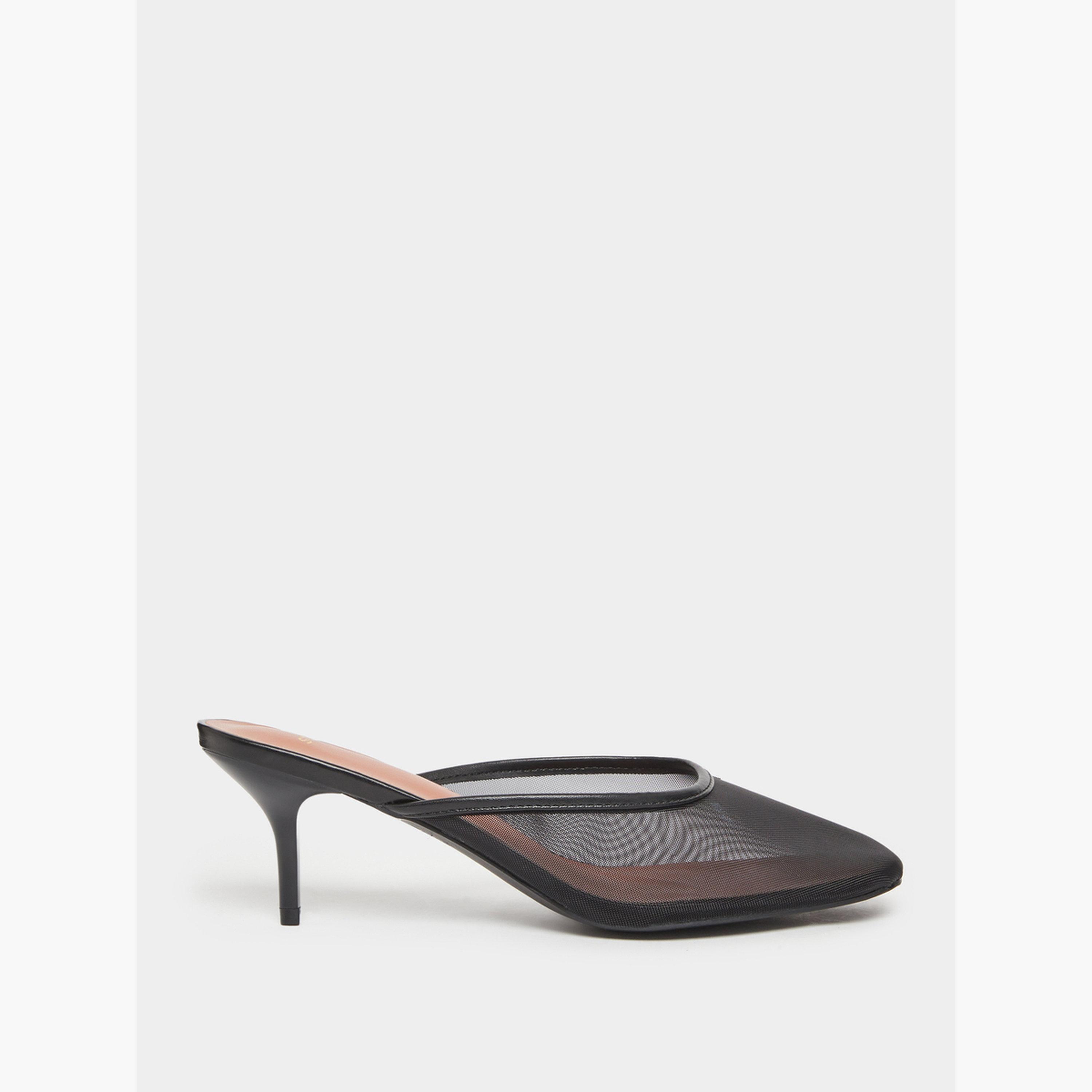 Styli Black Mesh Pointed Toe Stiletto Heel Mules-women-shoes-sandals-heeled-image-2