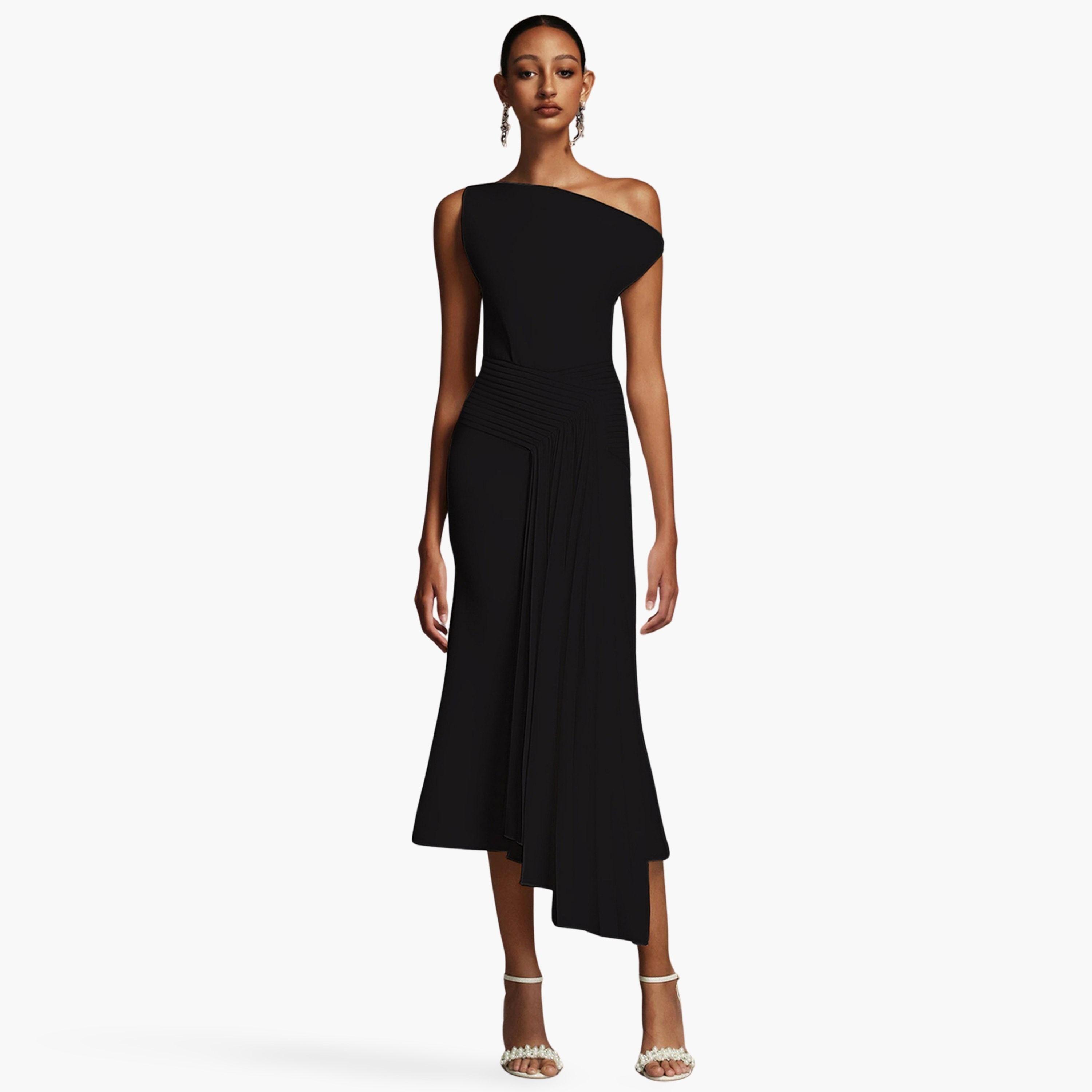 Take Two Women Black One Shoulder Pleated Midi Dress-women-clothing-dresses-image-1
