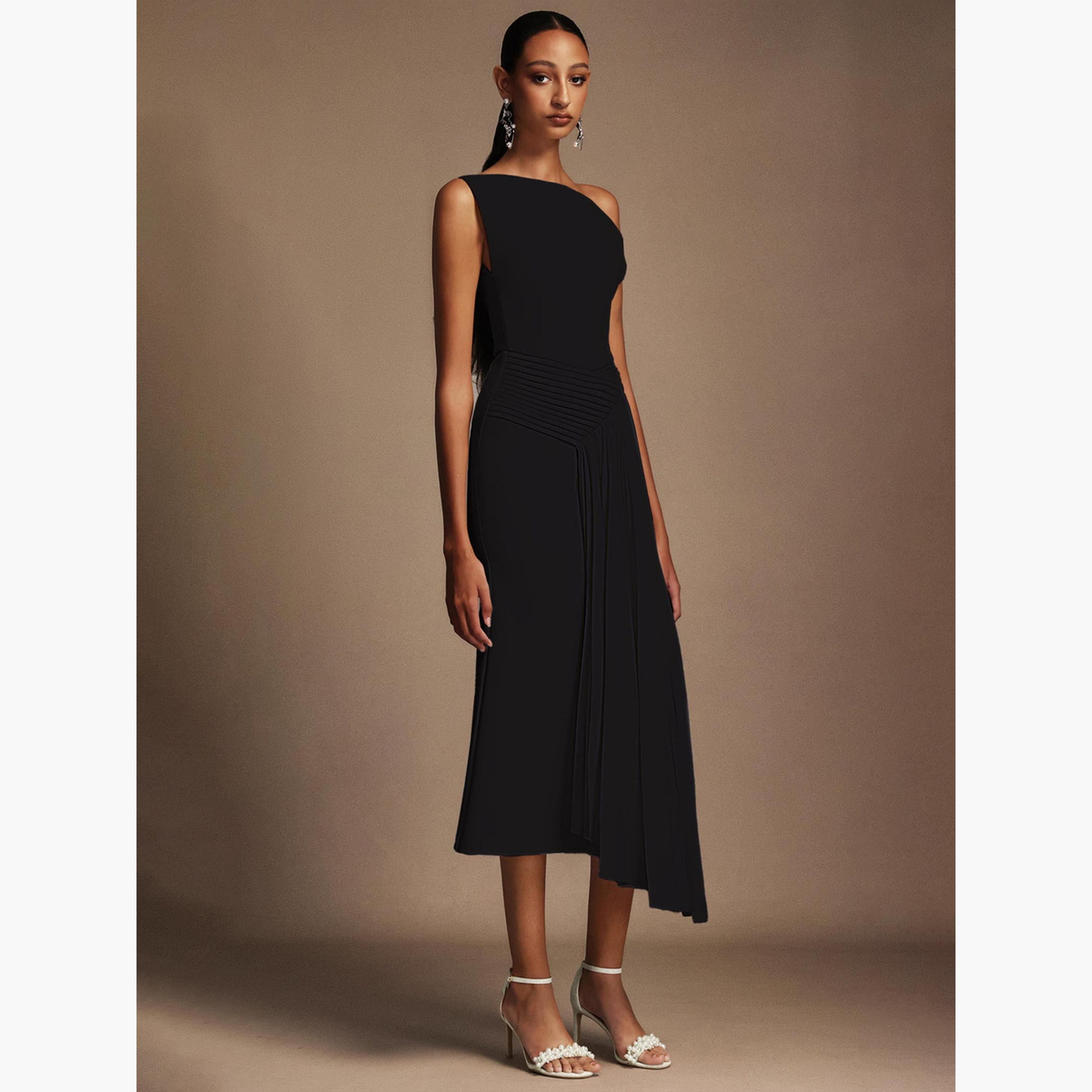 Take Two Women Black One Shoulder Pleated Midi Dress-women-clothing-dresses-image-2