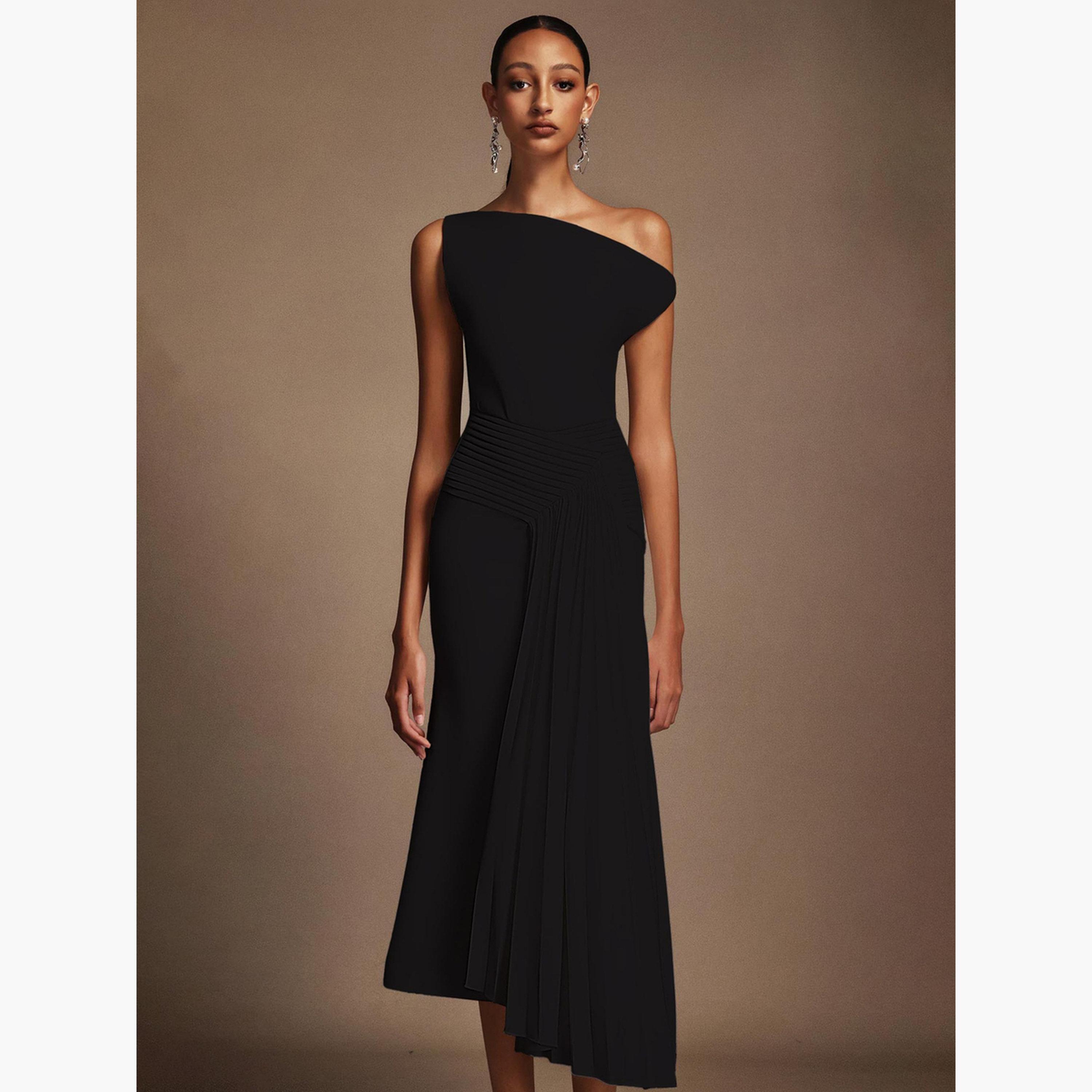 تيك تو - فستان متوسط الطول أسود بكتف واحد مطوي للنساء-women-clothing-dresses-image-3