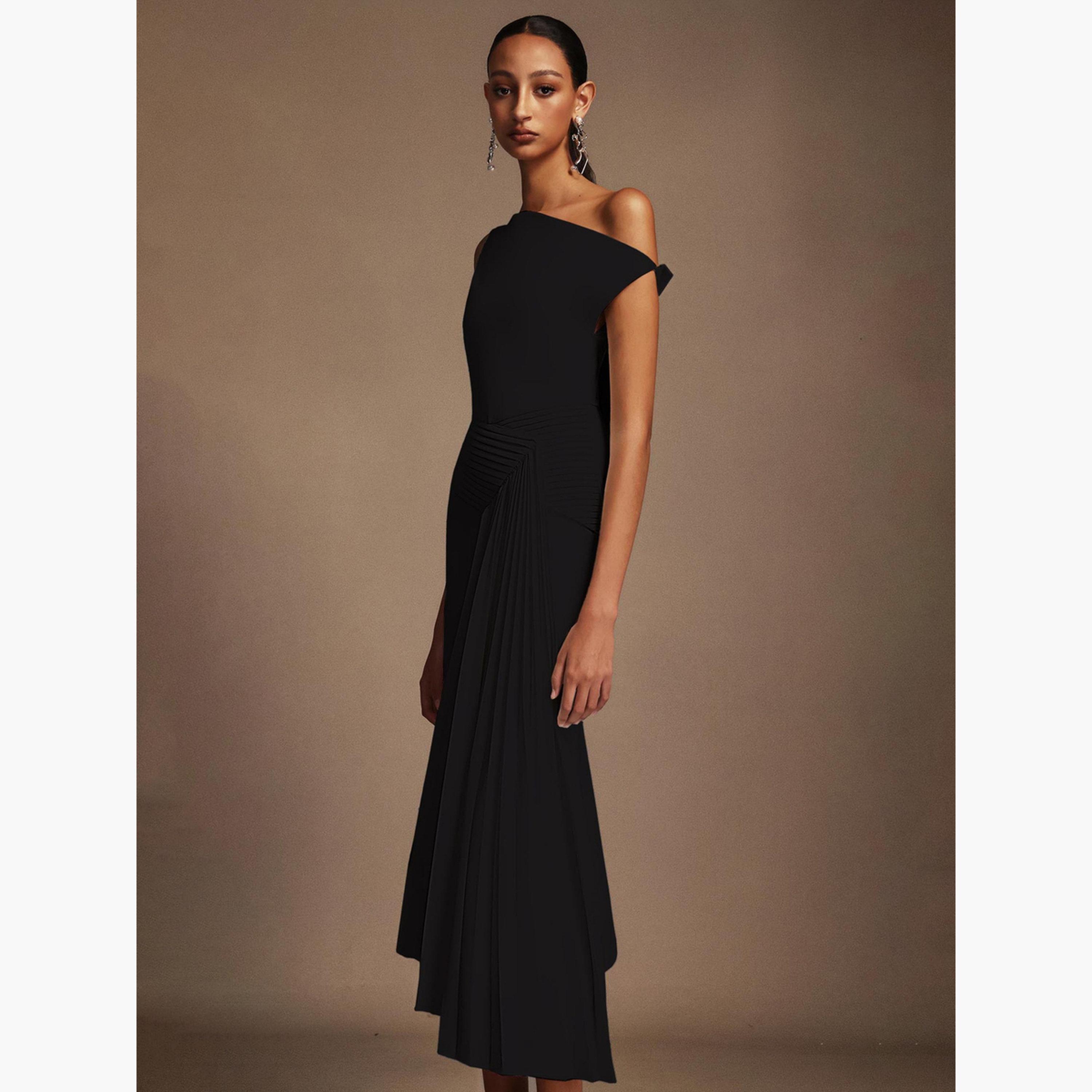 Take Two Women Black One Shoulder Pleated Midi Dress-women-clothing-dresses-image-4
