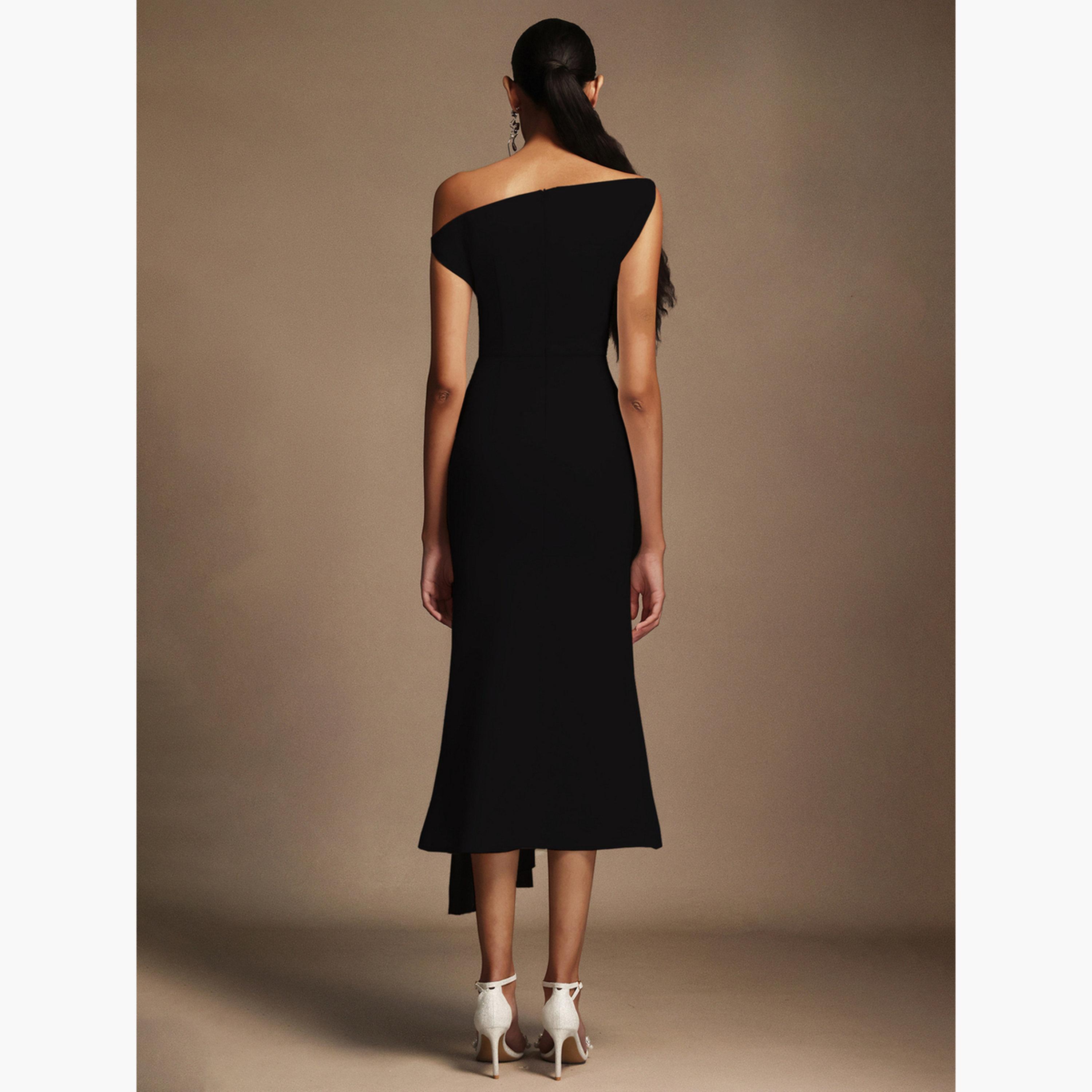 تيك تو - فستان متوسط الطول أسود بكتف واحد مطوي للنساء-women-clothing-dresses-image-5