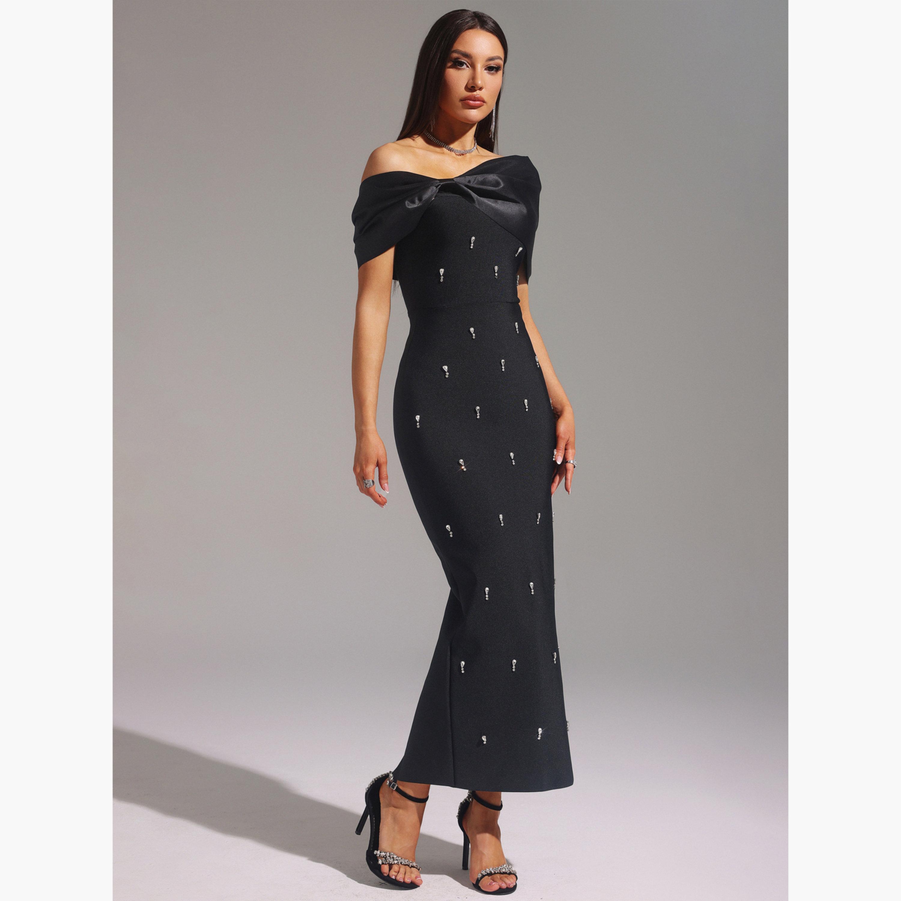 تيك تو - فستان ماكسي ضيق مزين لون الأسود للنساء-women-clothing-dresses-image-2