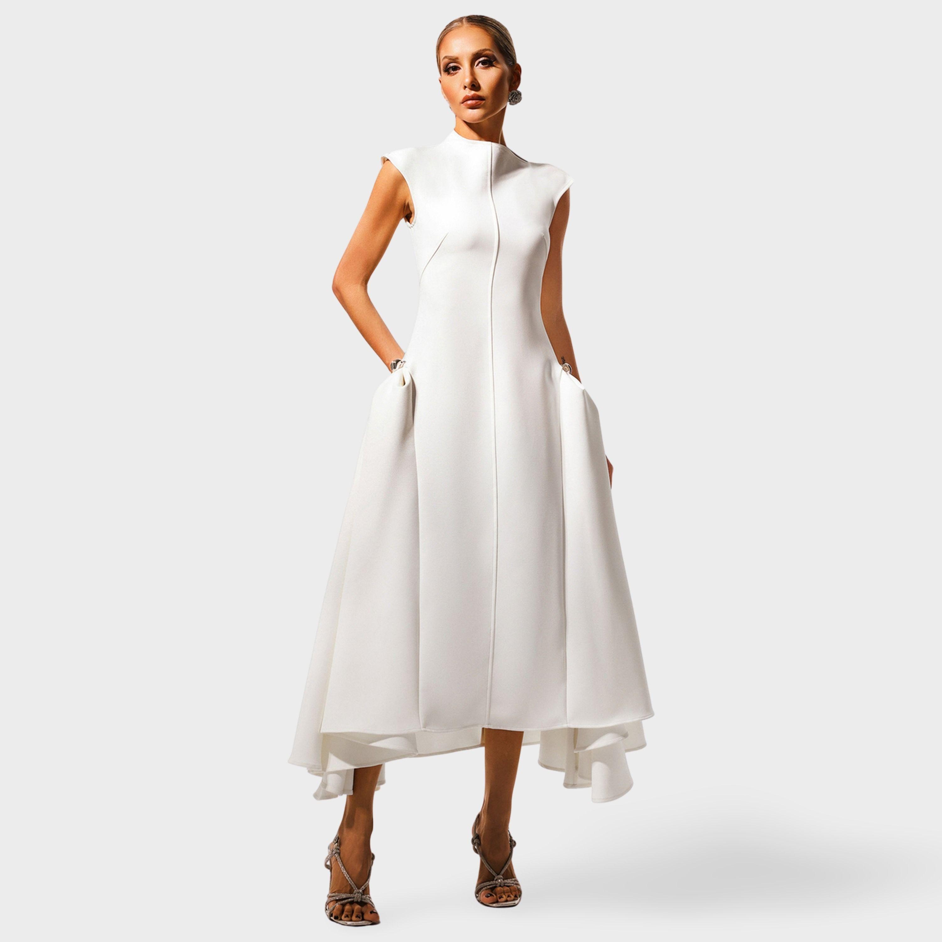 تيك تو - فستان ماكسي أبيض بدون أكمام بكشكشة للنساء-women-clothing-dresses-image-1