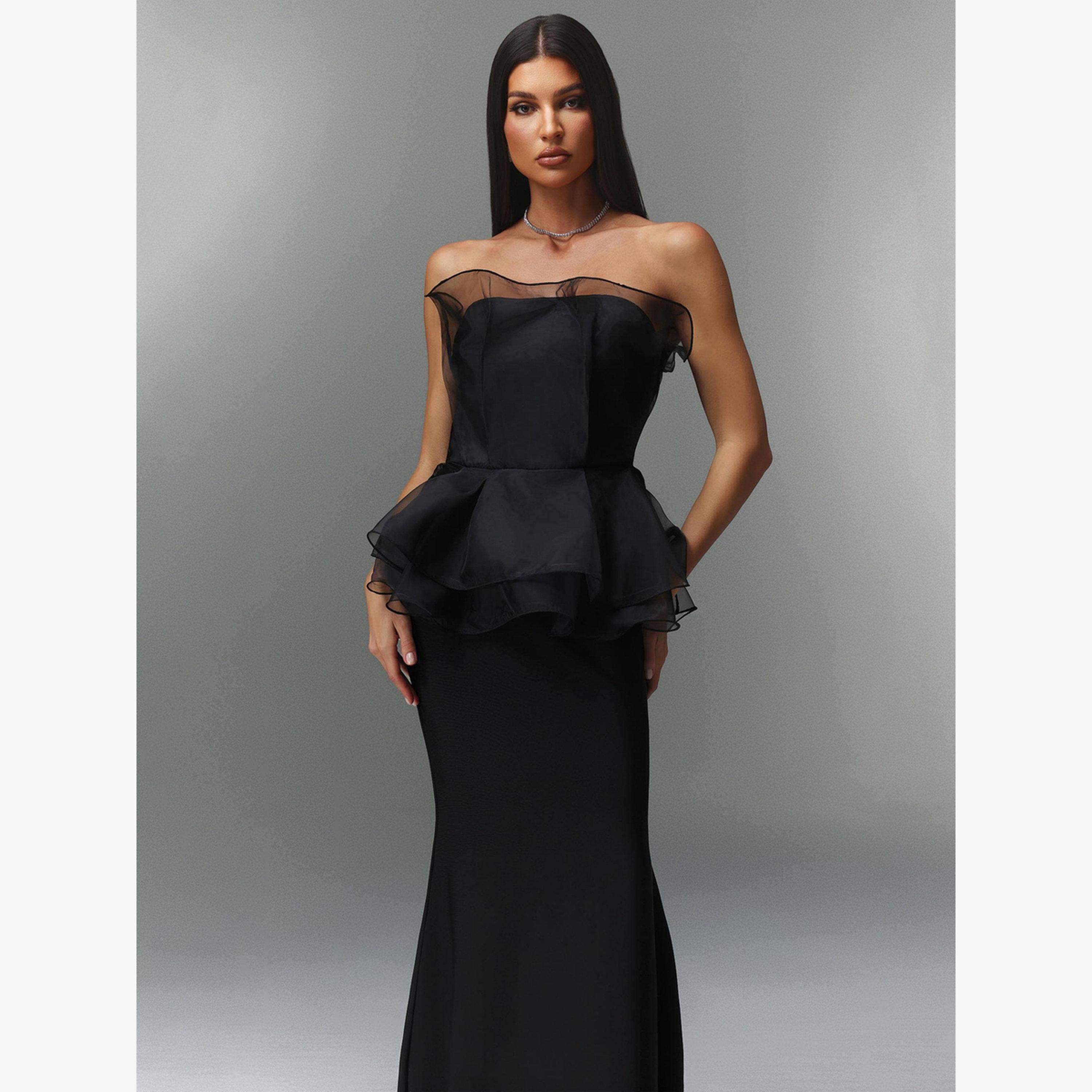 فستان طويل بلا أكمام وتفاصيل شبكية-women-clothing-dresses-image-3