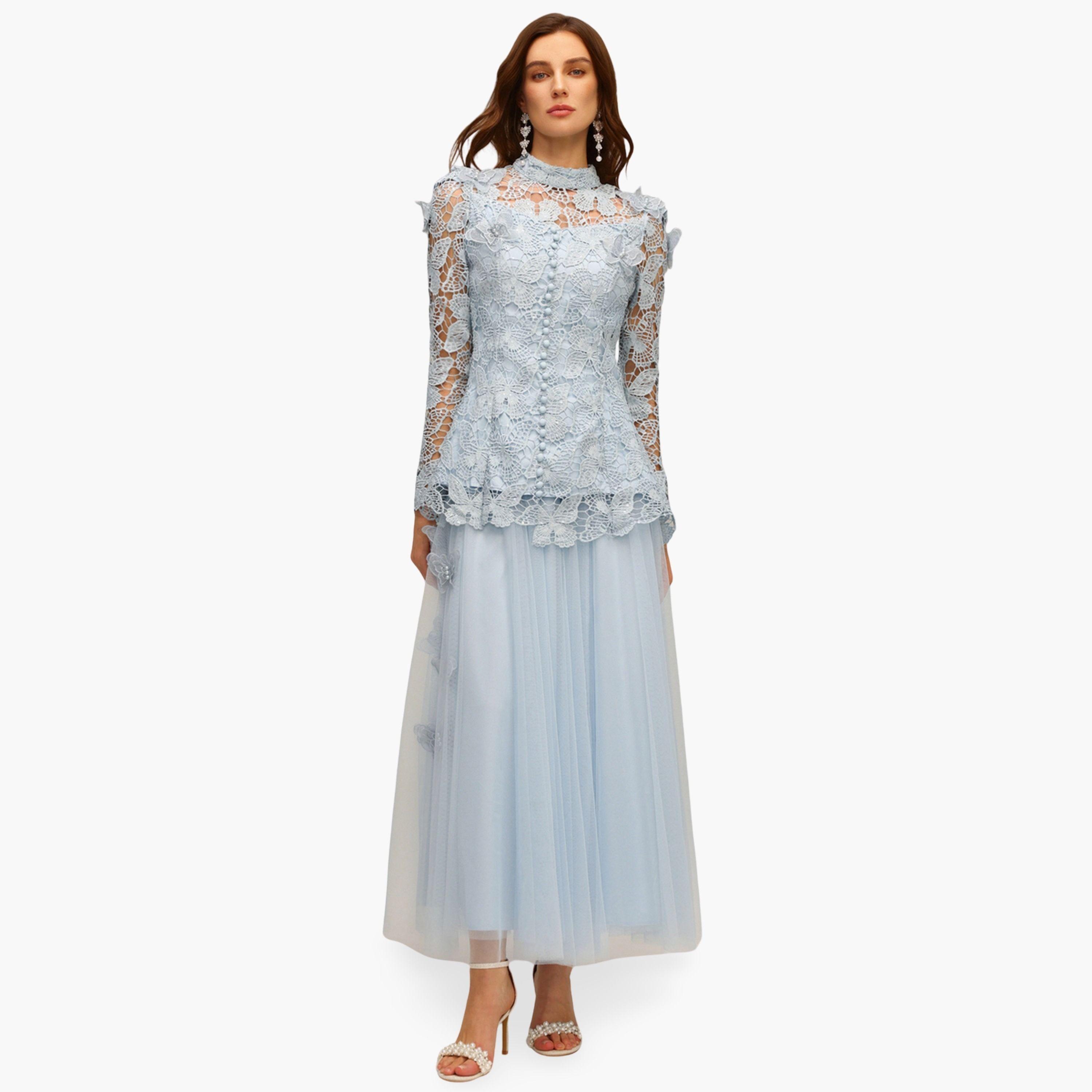 طقم بلوزة دانتيل بفراشة وتنورة تول-women-clothing-coordsets-image-1